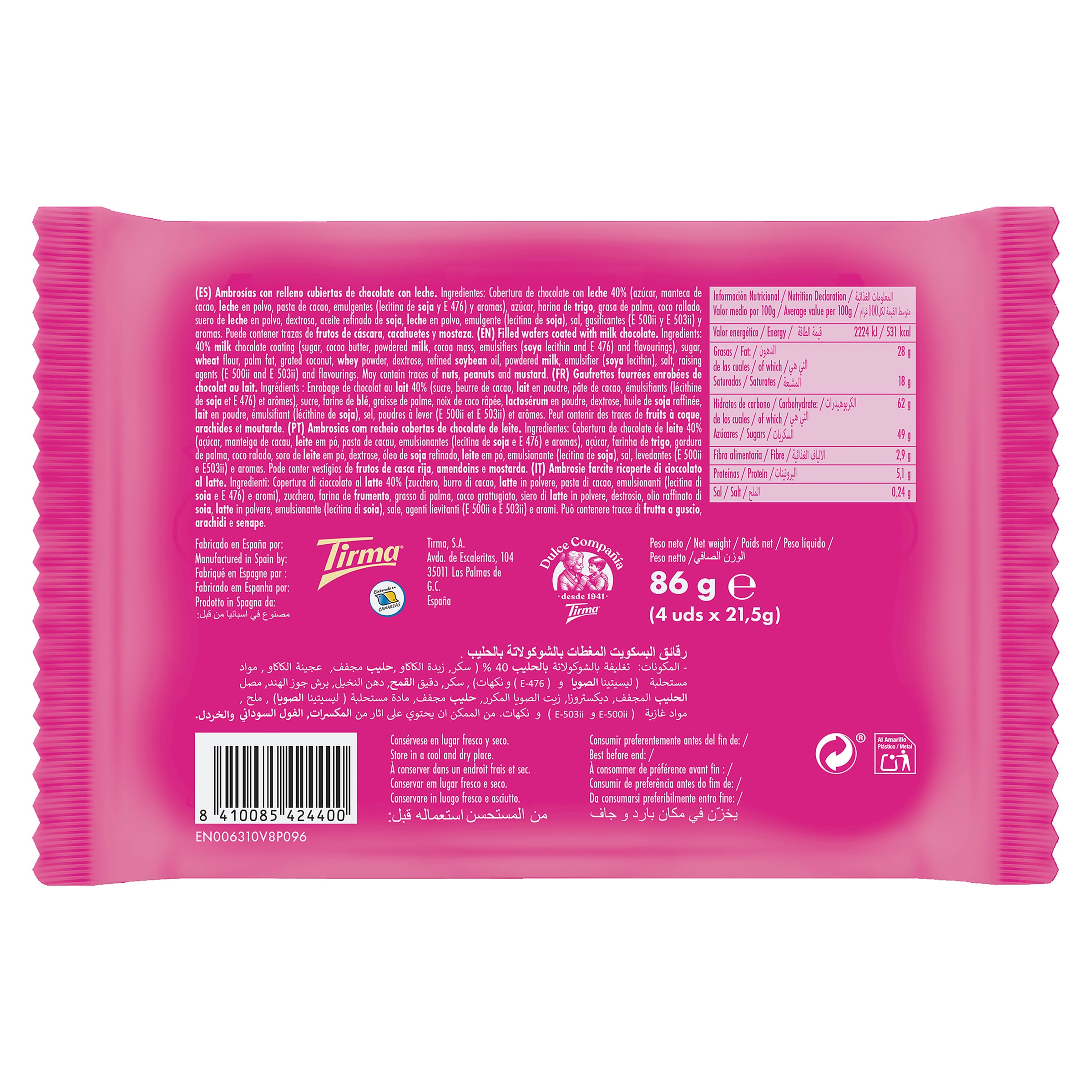Ambrosías recubiertas de chocolate con leche Tirma 86 g