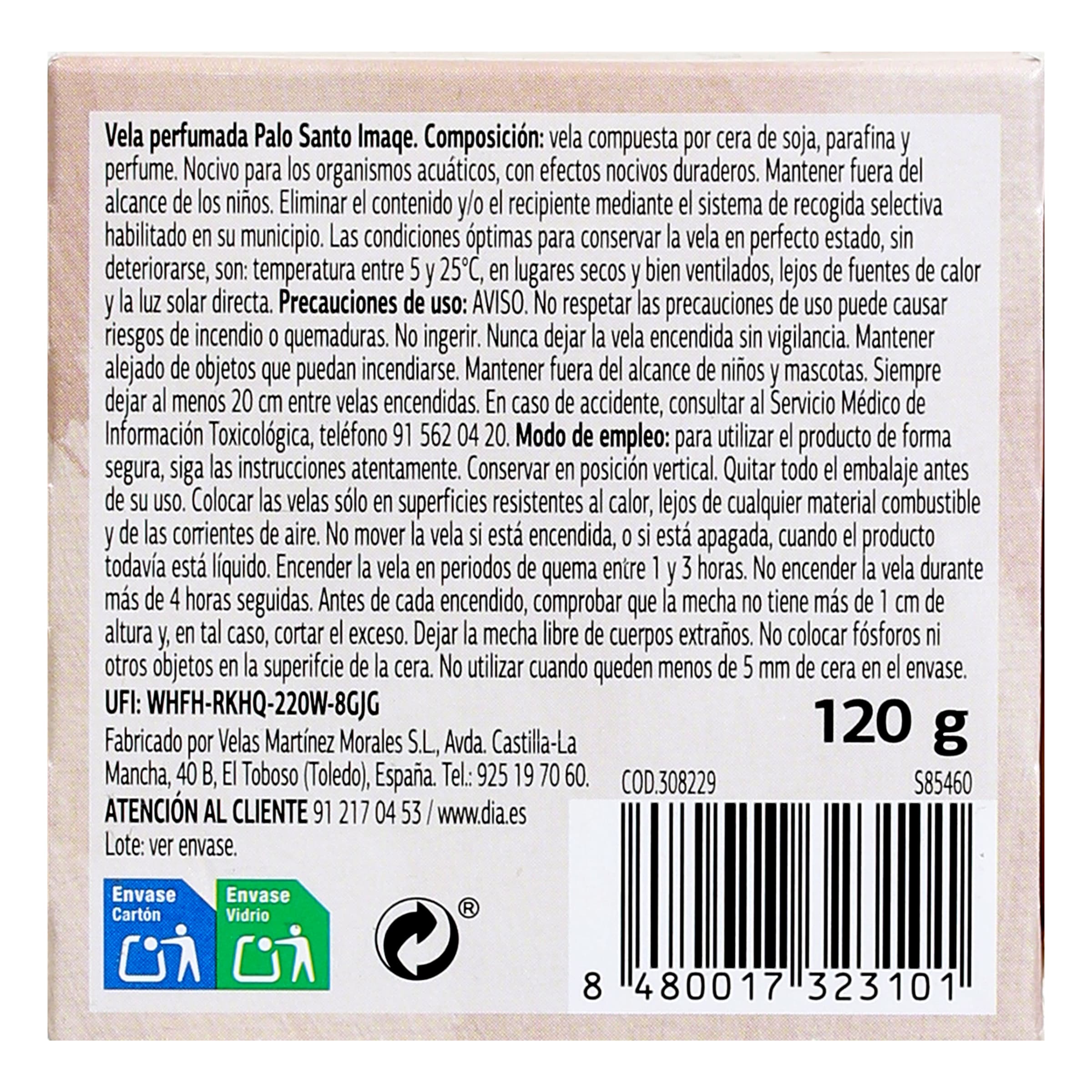 Vela perfumada palo santo Dia Imaqe 1 unidad