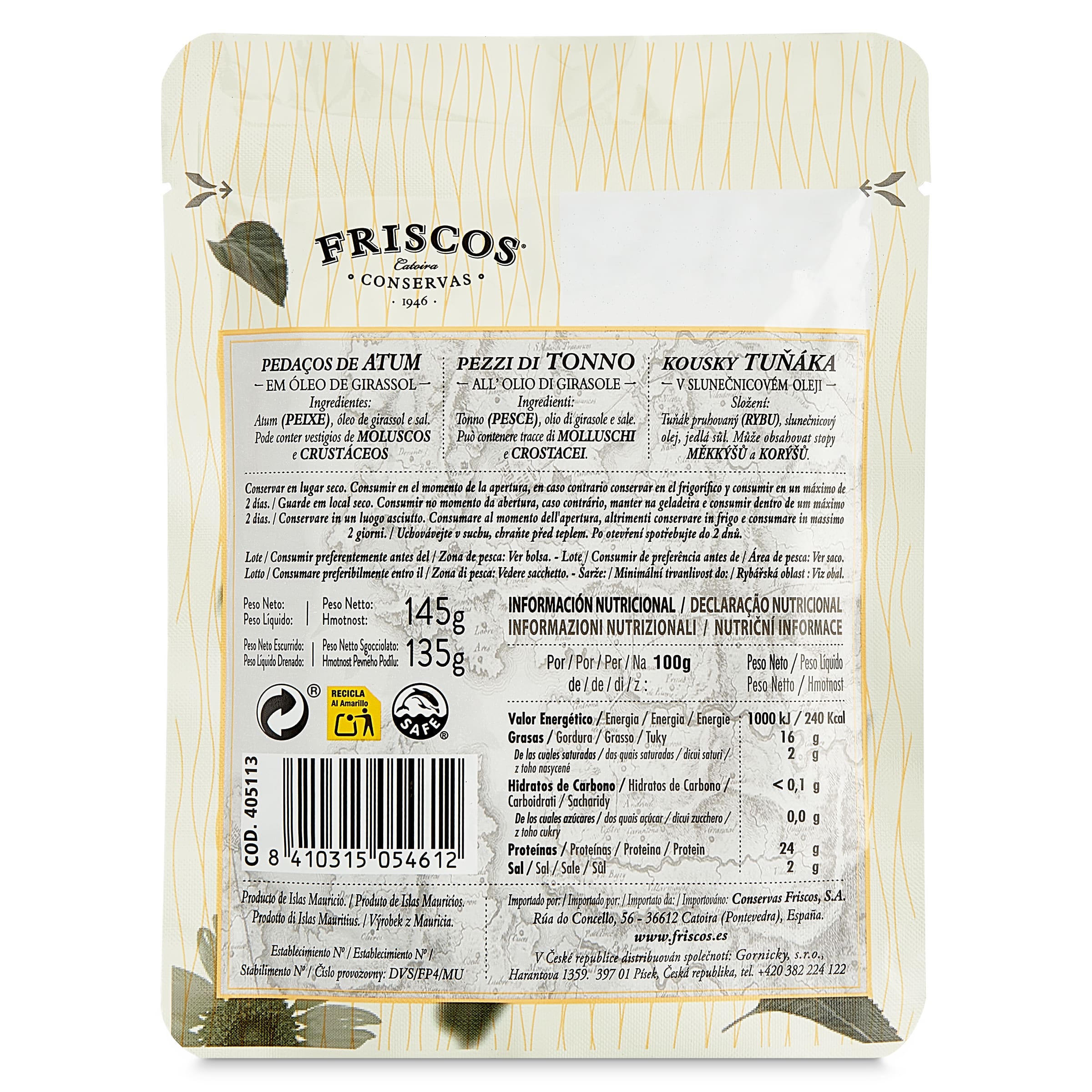 Trozos de atún en aceite de girasol Friscos 135 g