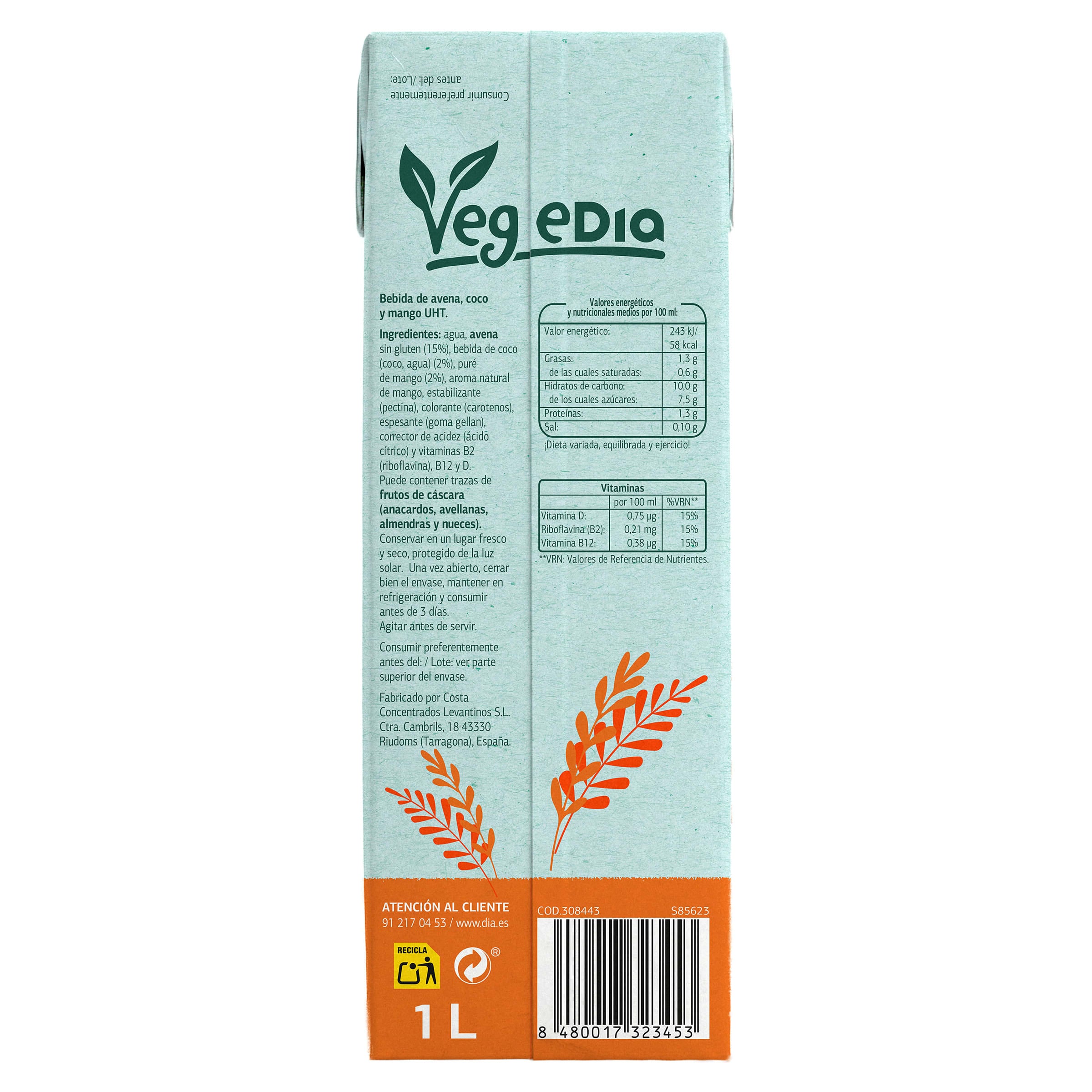 Bebida de avena y mango Dia Vegedia 1 L