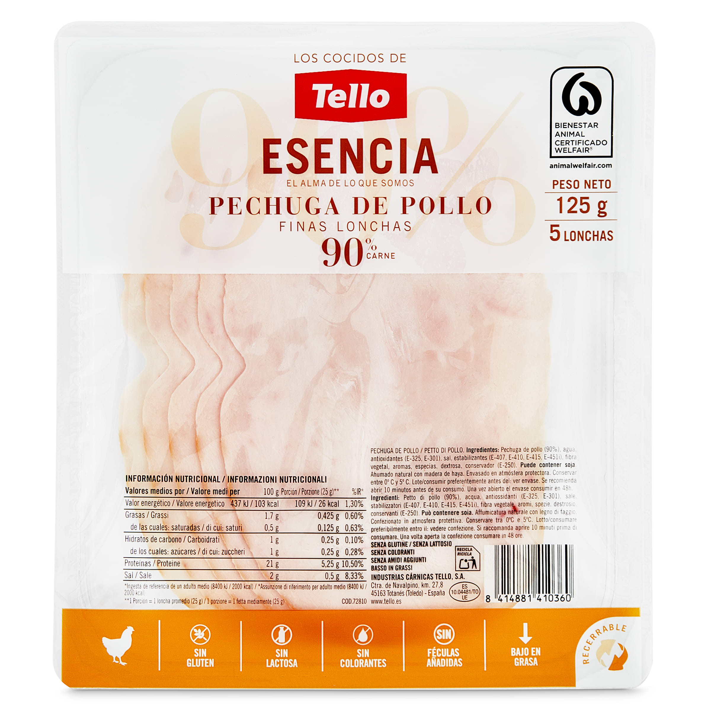 Pechuga de pollo 90% carne esencia Tello sobre 125 g