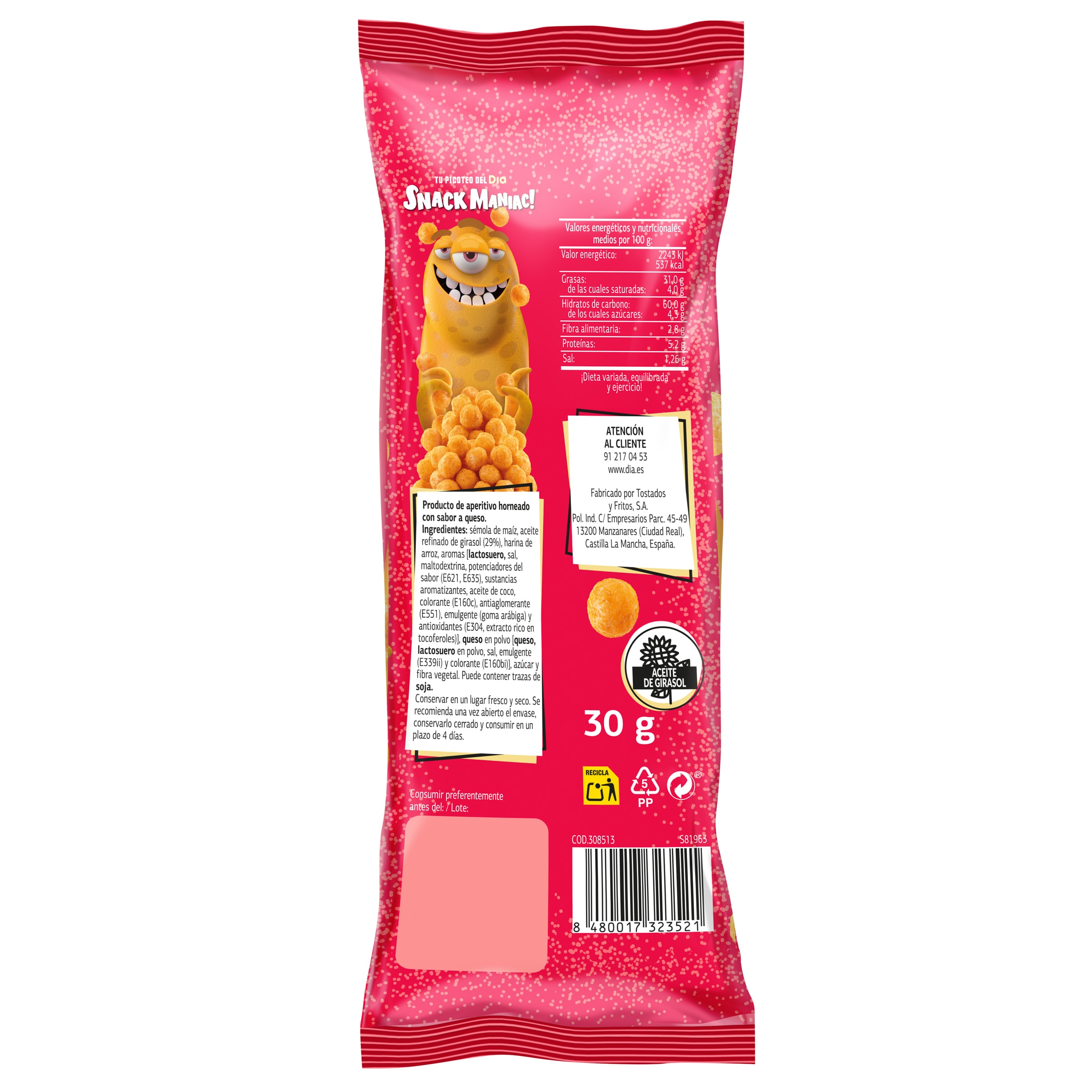 Mini bolas sabor queso Dia Snack Maniac 30 g