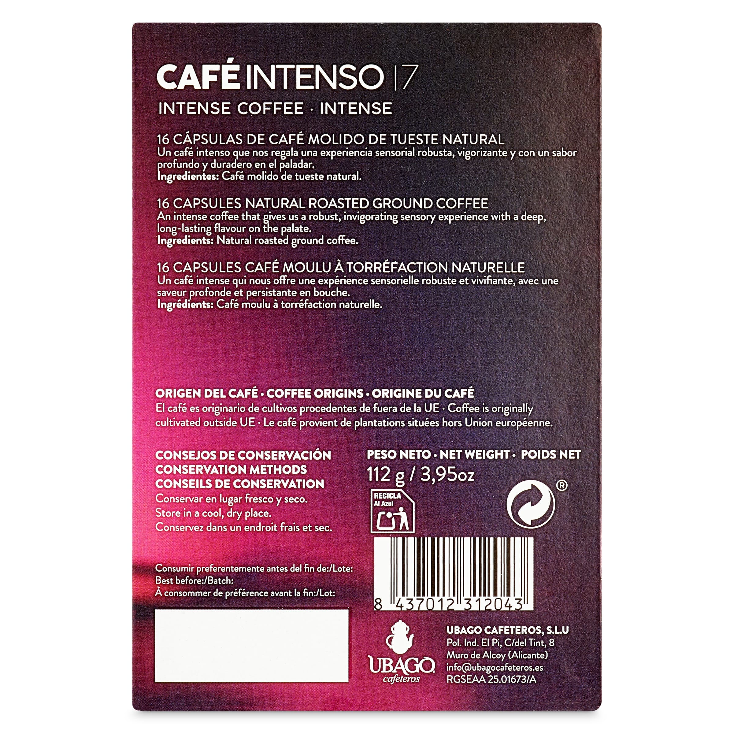 Cápsulas de café intenso Ubago 16 unidades