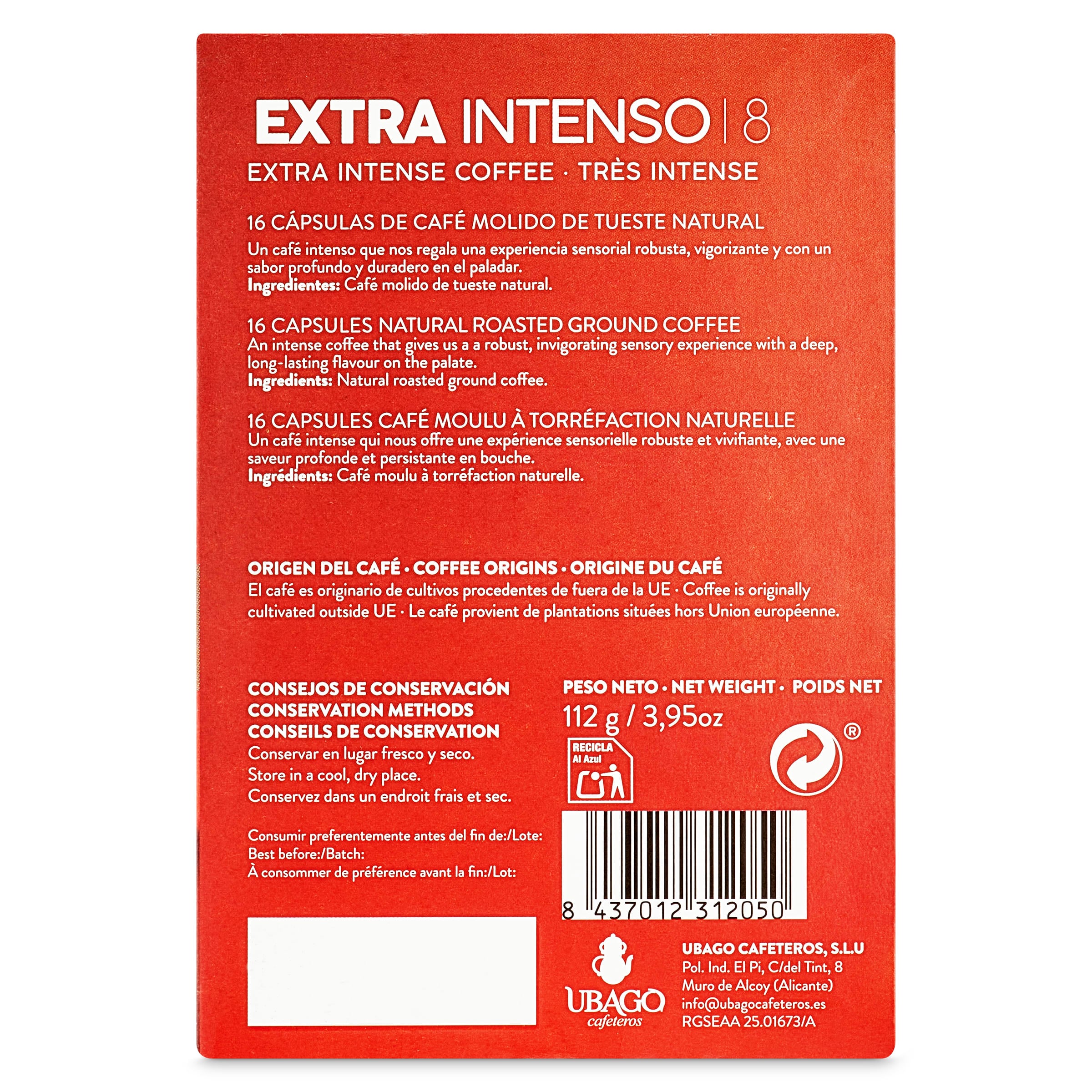 Cápsulas de café extra intentso Ubago 16 unidades