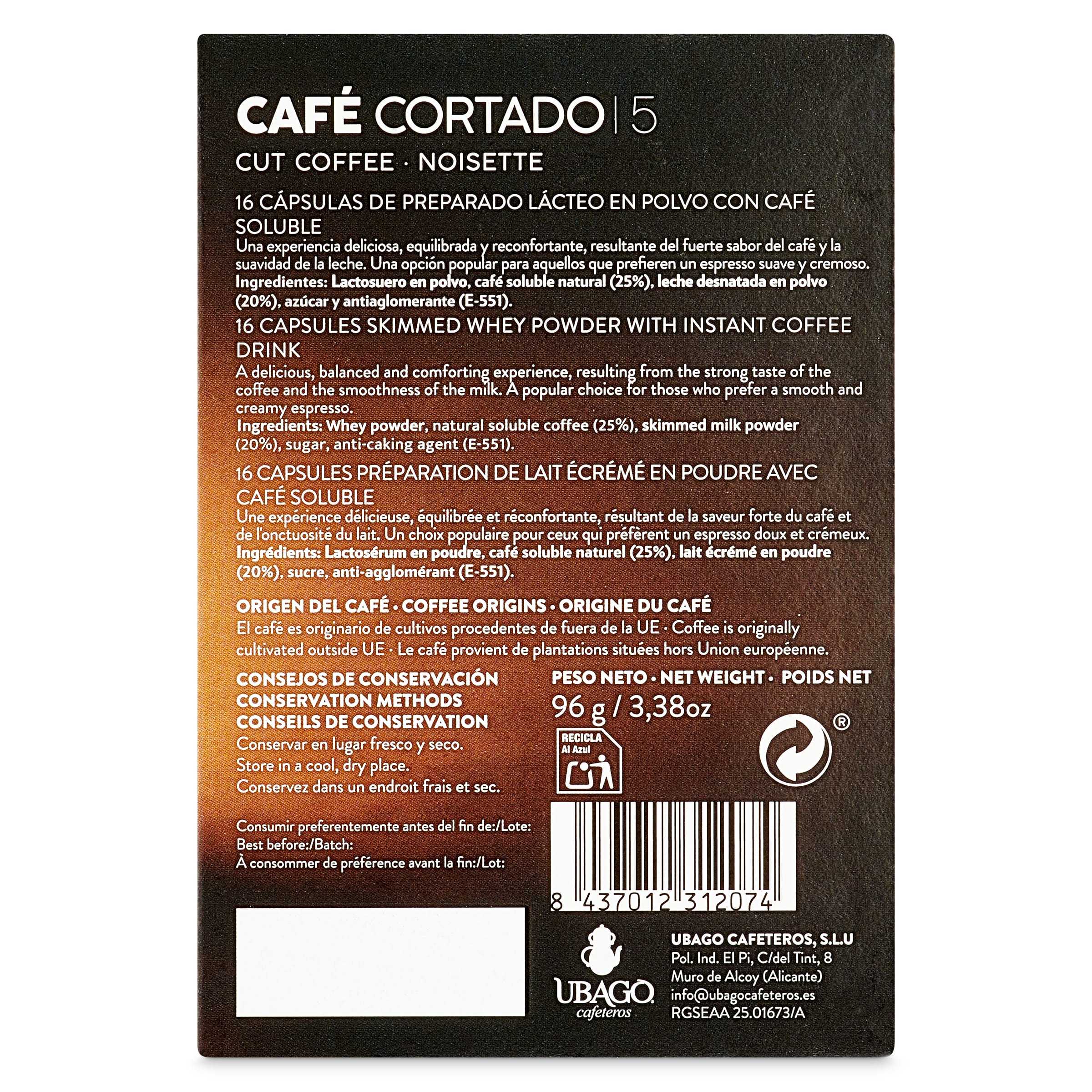 Cápsulas de café cortado Ubago 16 unidades