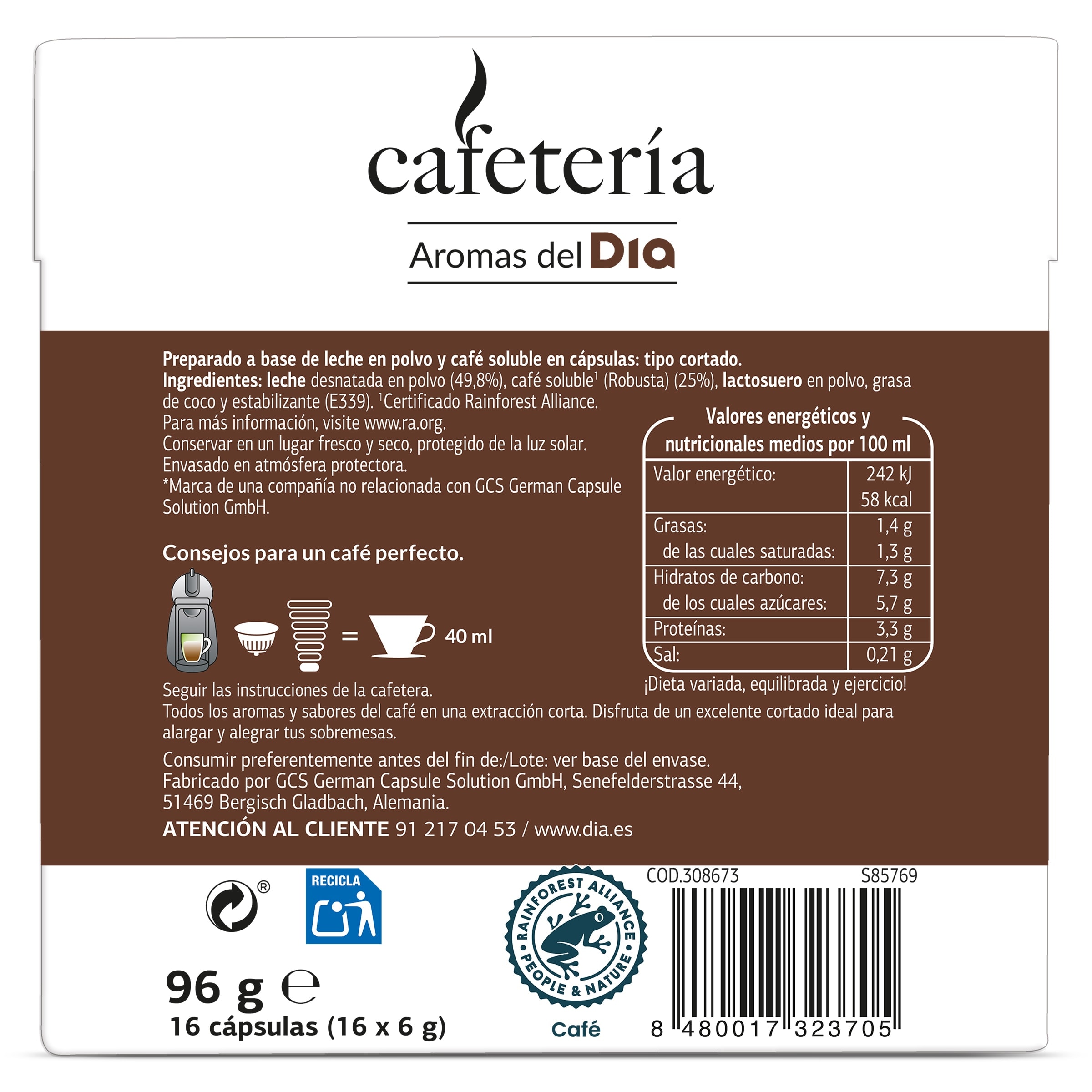 Cápsulas de café cortado Dia Cafetería 16 unidades