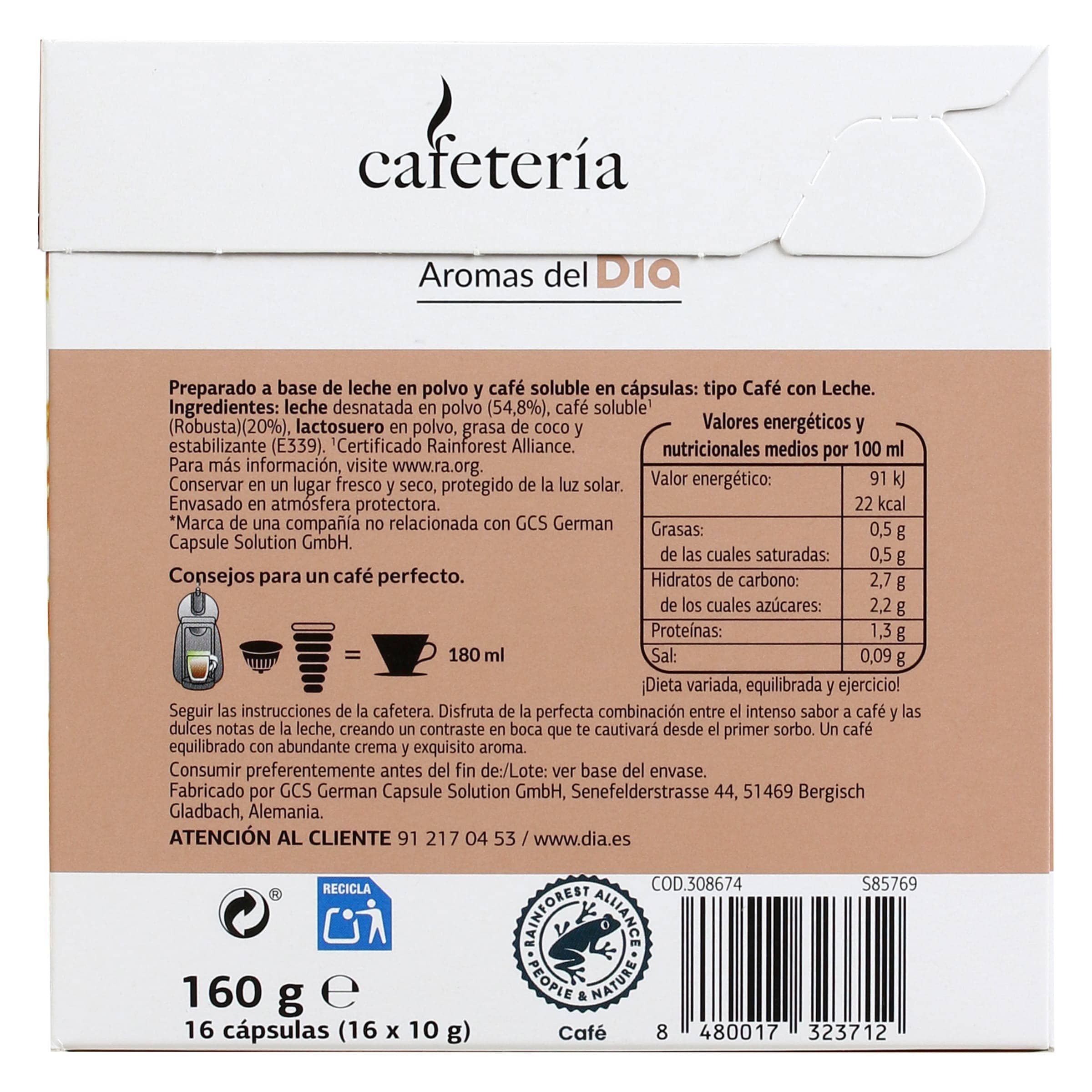 Cápsulas de café con leche Dia Cafetería 16 unidades
