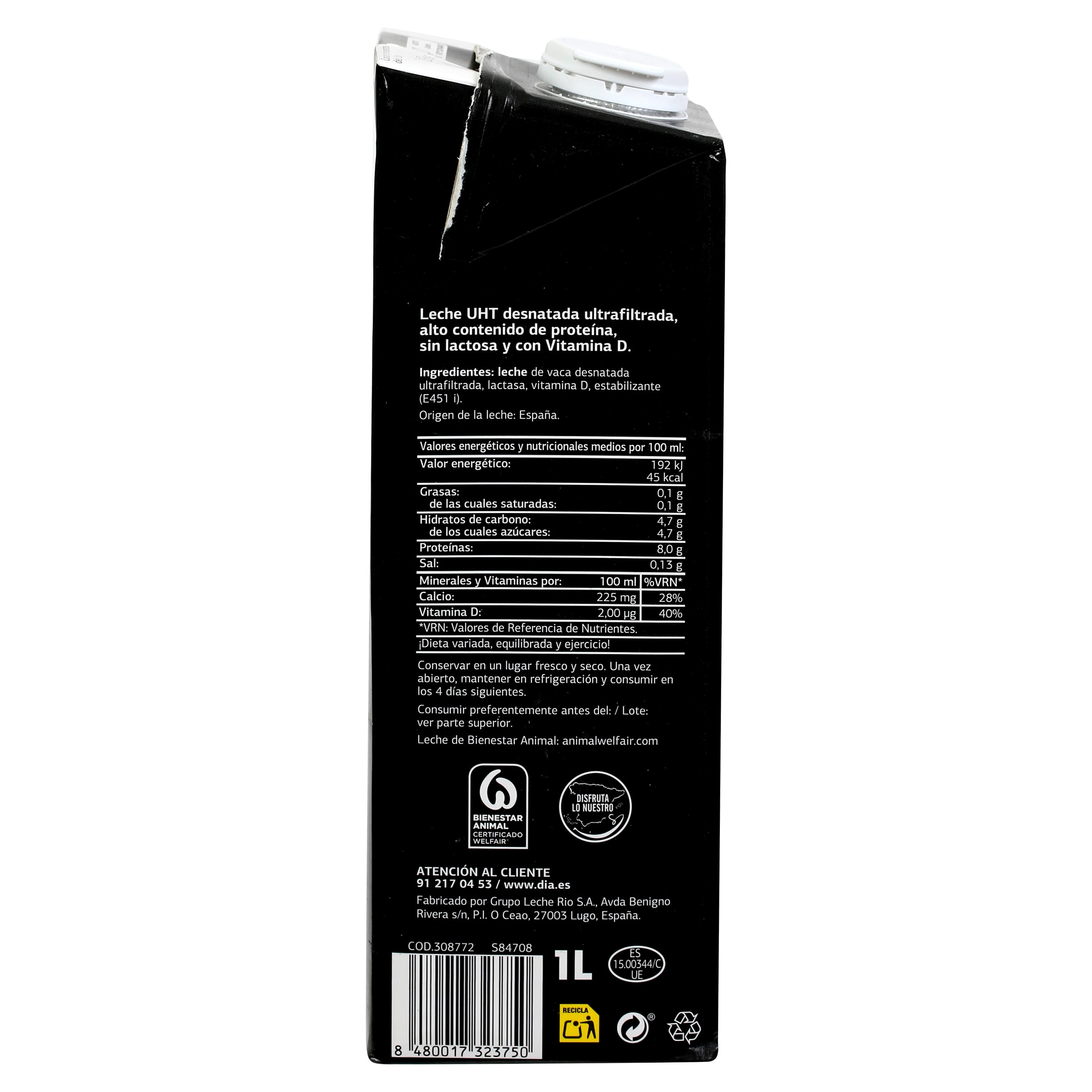 Leche desnatada sin lactosa alta en proteínas Dia Láctea 1 L