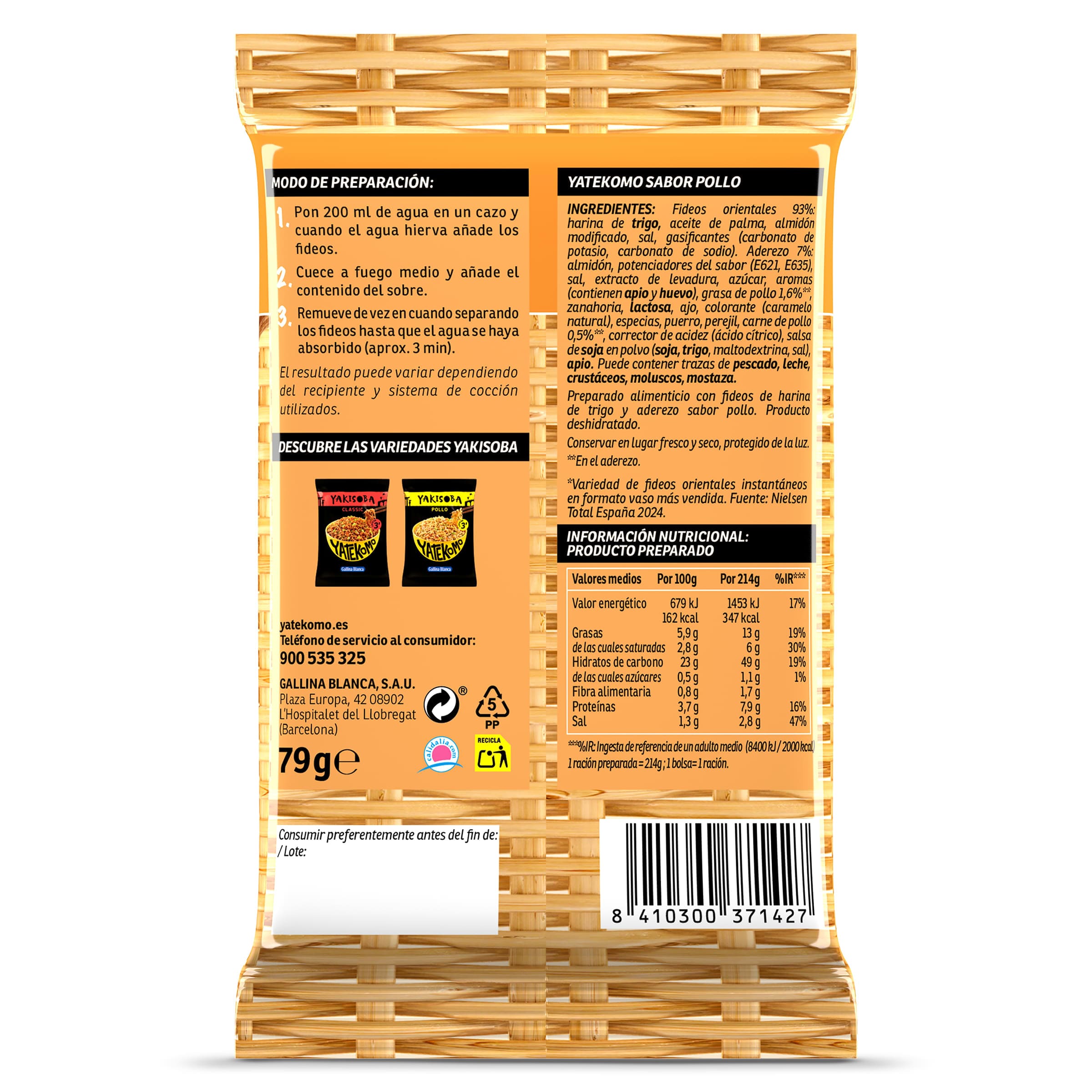 Noodles sabor a pollo Gallina Blanca Yatekomo 79 g