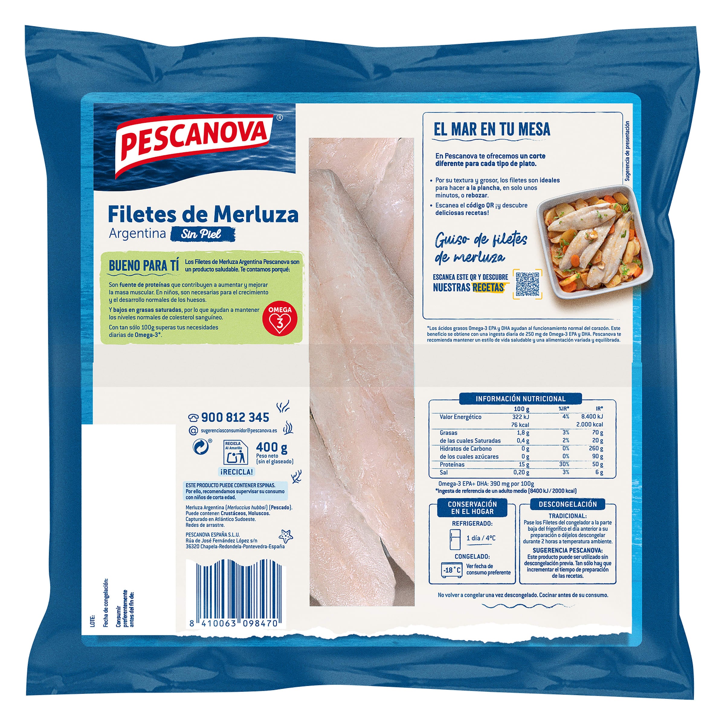 Filetes de merluza Argentina sin piel grandes Pescanova 400 g