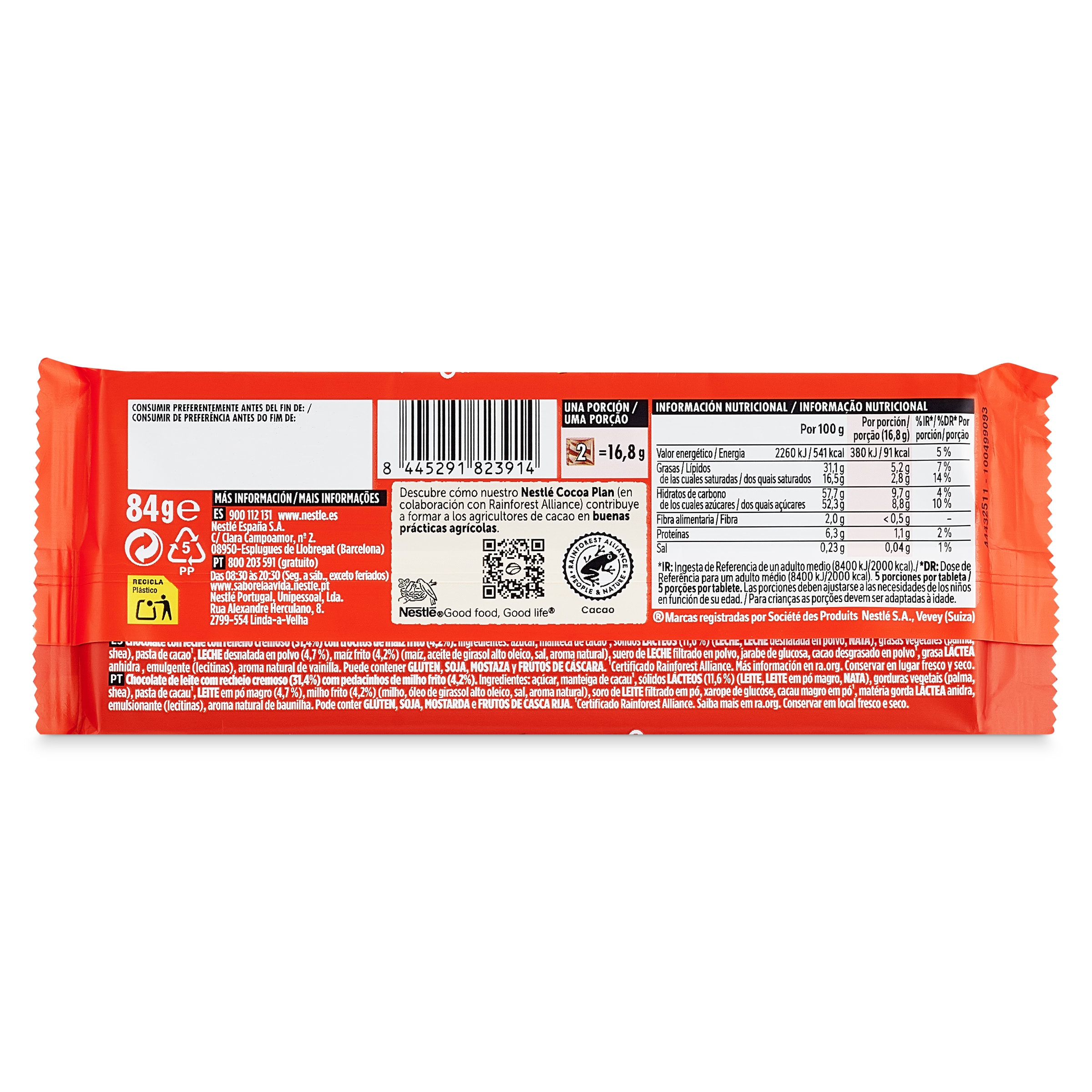 Chocolate con leche relleno de trocitos de maíz Nestlé Extrafino 84 g