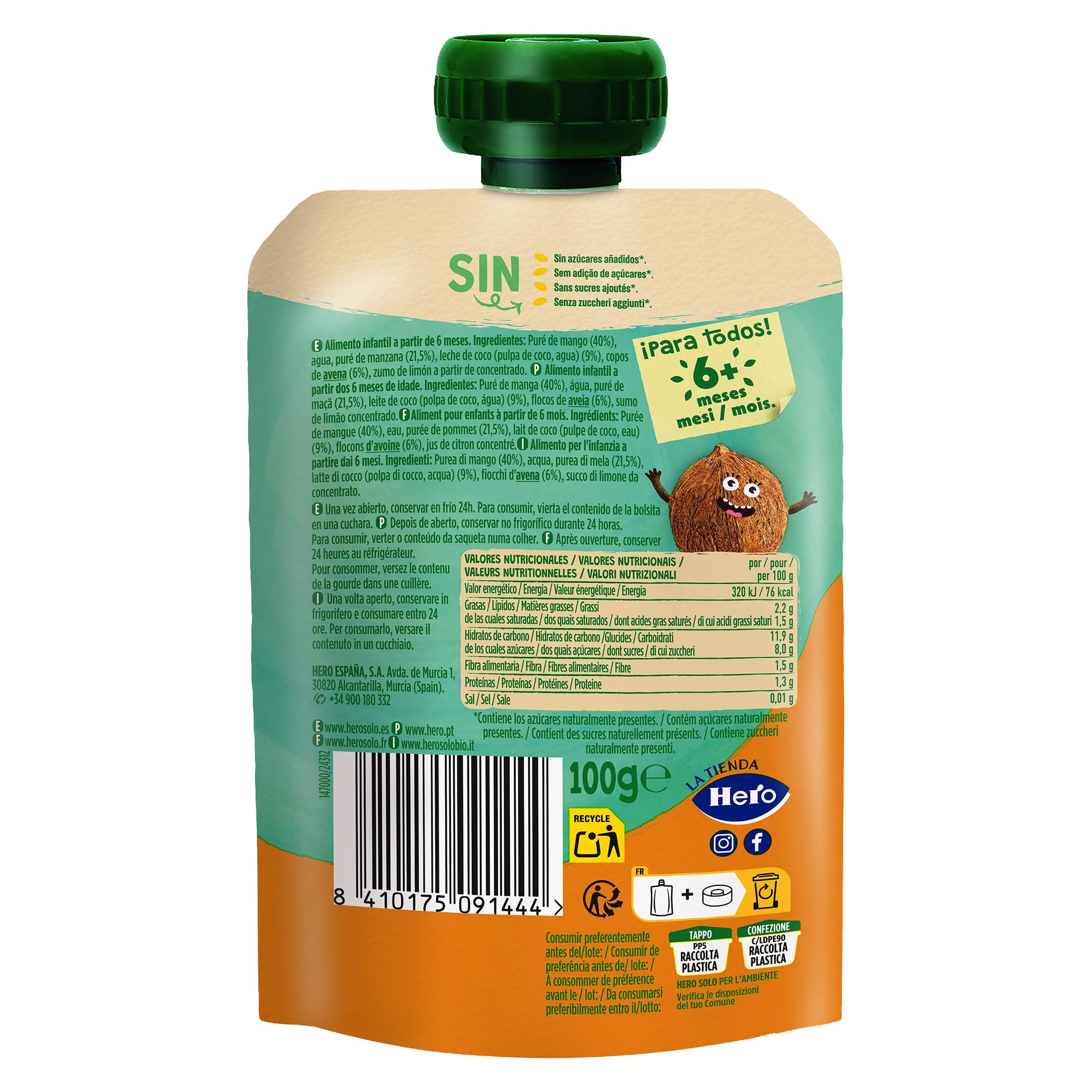 Alimento infantil mango, coco y avena Hero 100 g