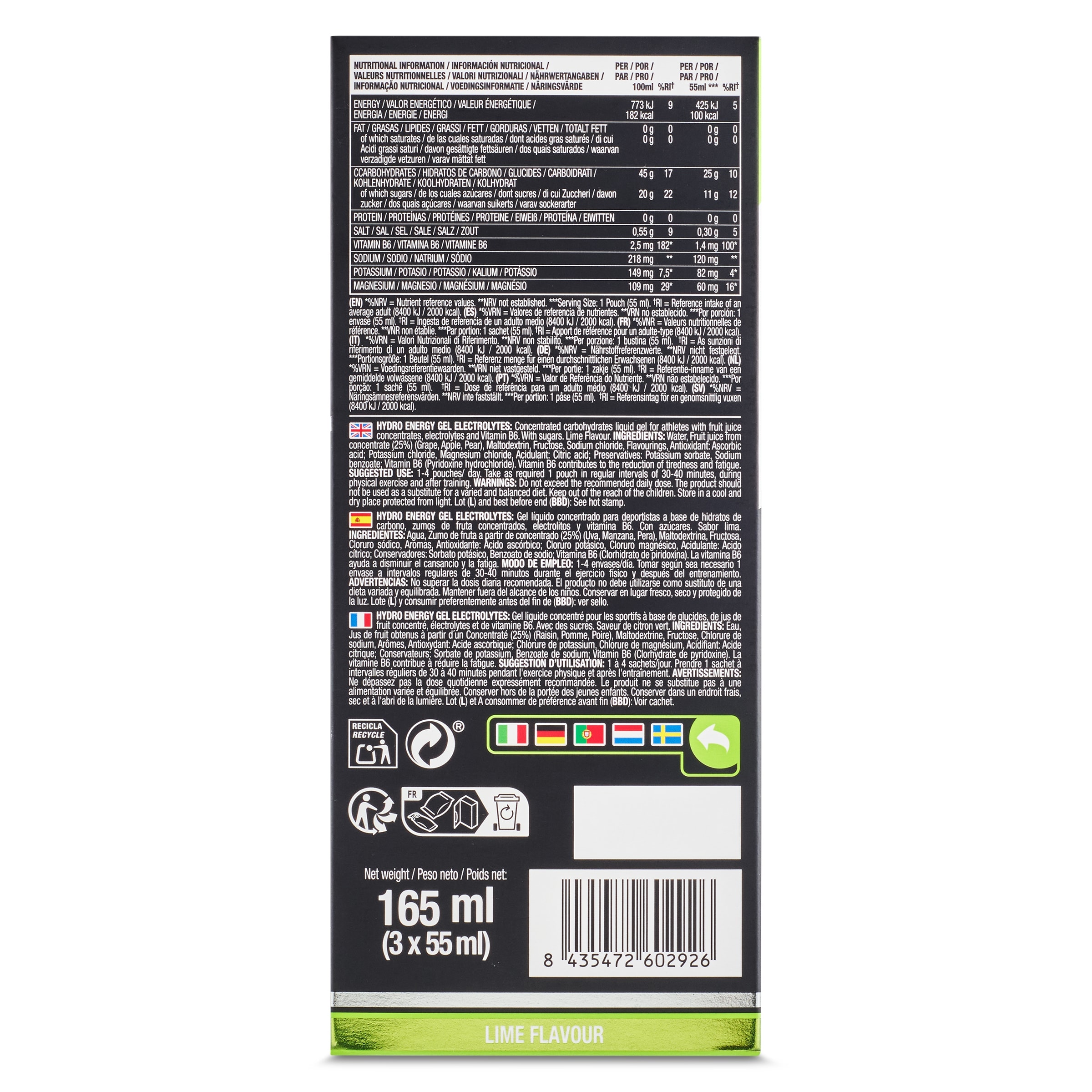 Gel energético con electrolitos sabor lima Vitaldin 3 x 55 ml