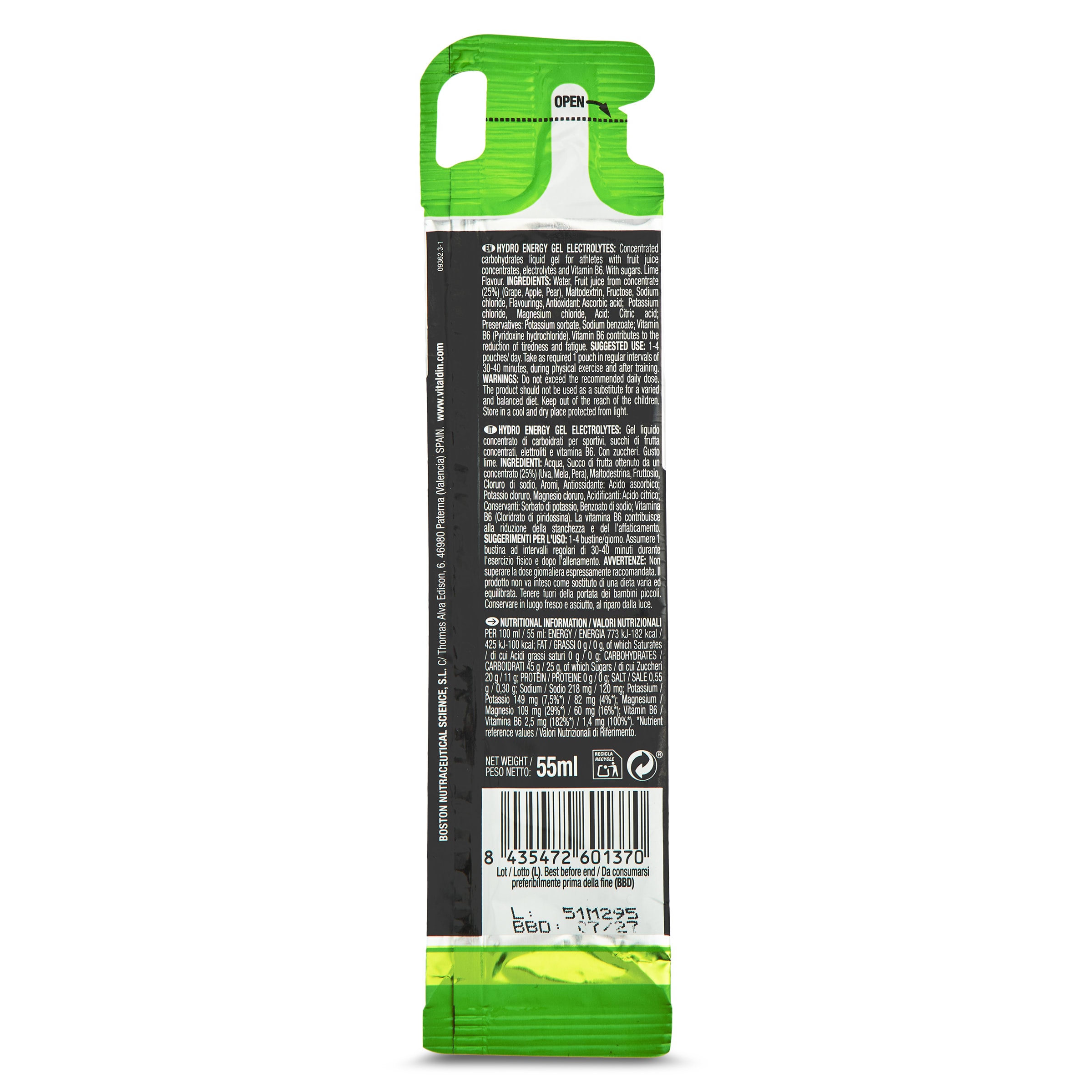 Gel energético con electrolitos sabor lima Vitaldin 3 x 55 ml