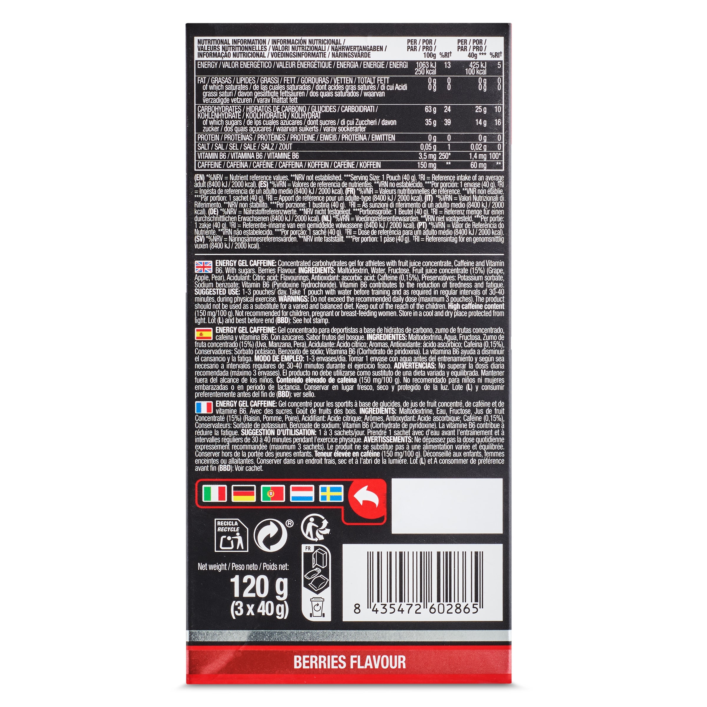 Gel energético cafeína sabor frutos del bosque Vitaldin 3 x 40 g