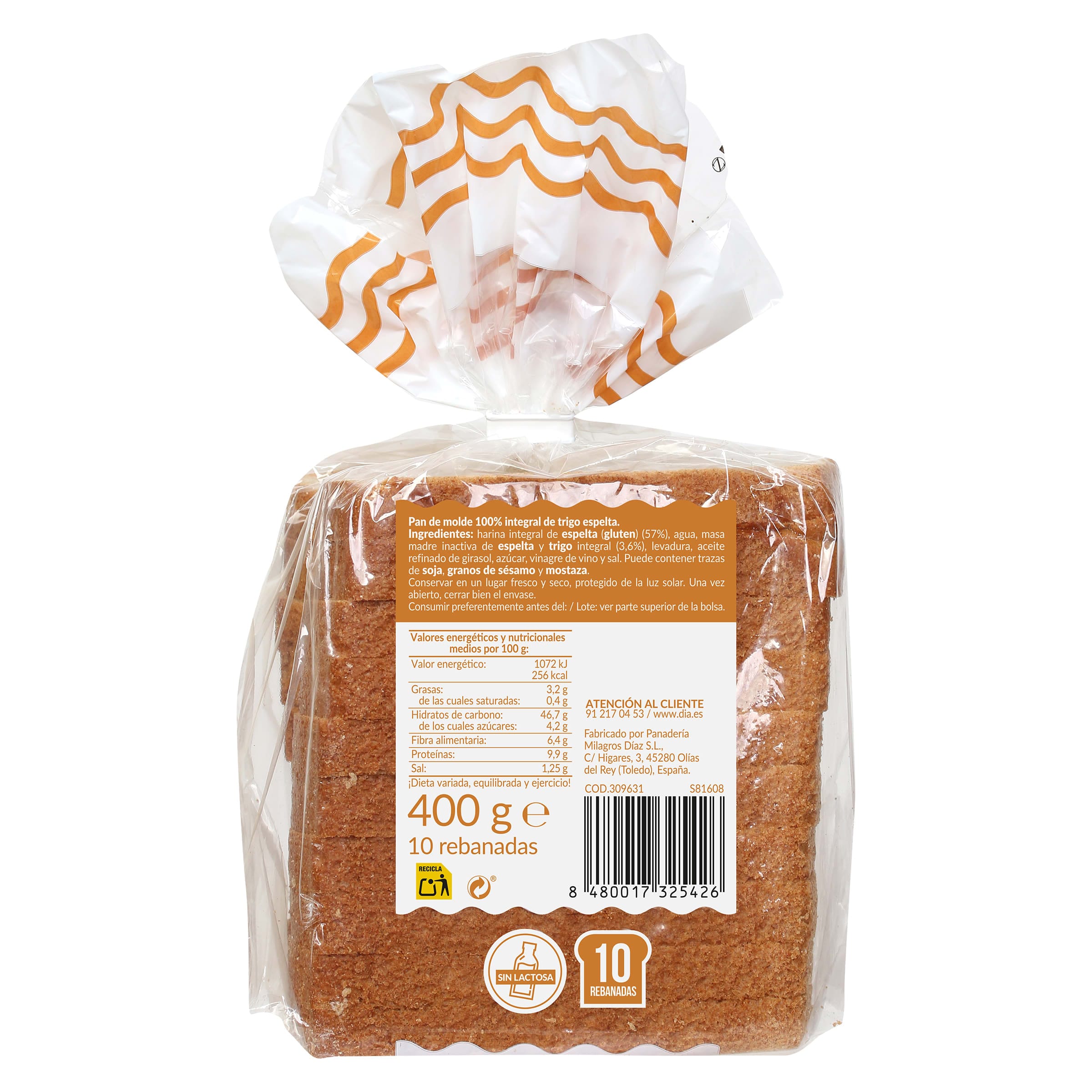 Pan de molde espelta integral El Molino de Dia 400 g