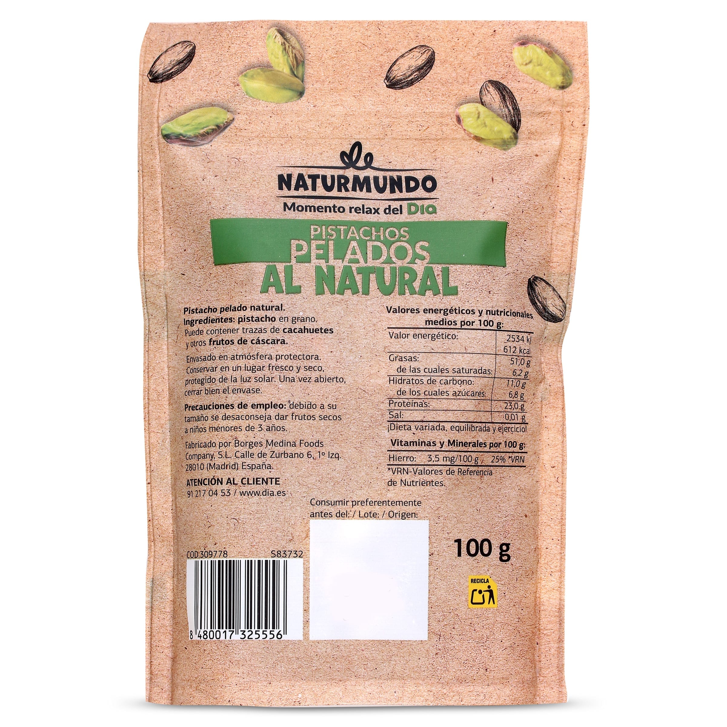 Pistachos pelados al natural Dia Naturmundo 100 g