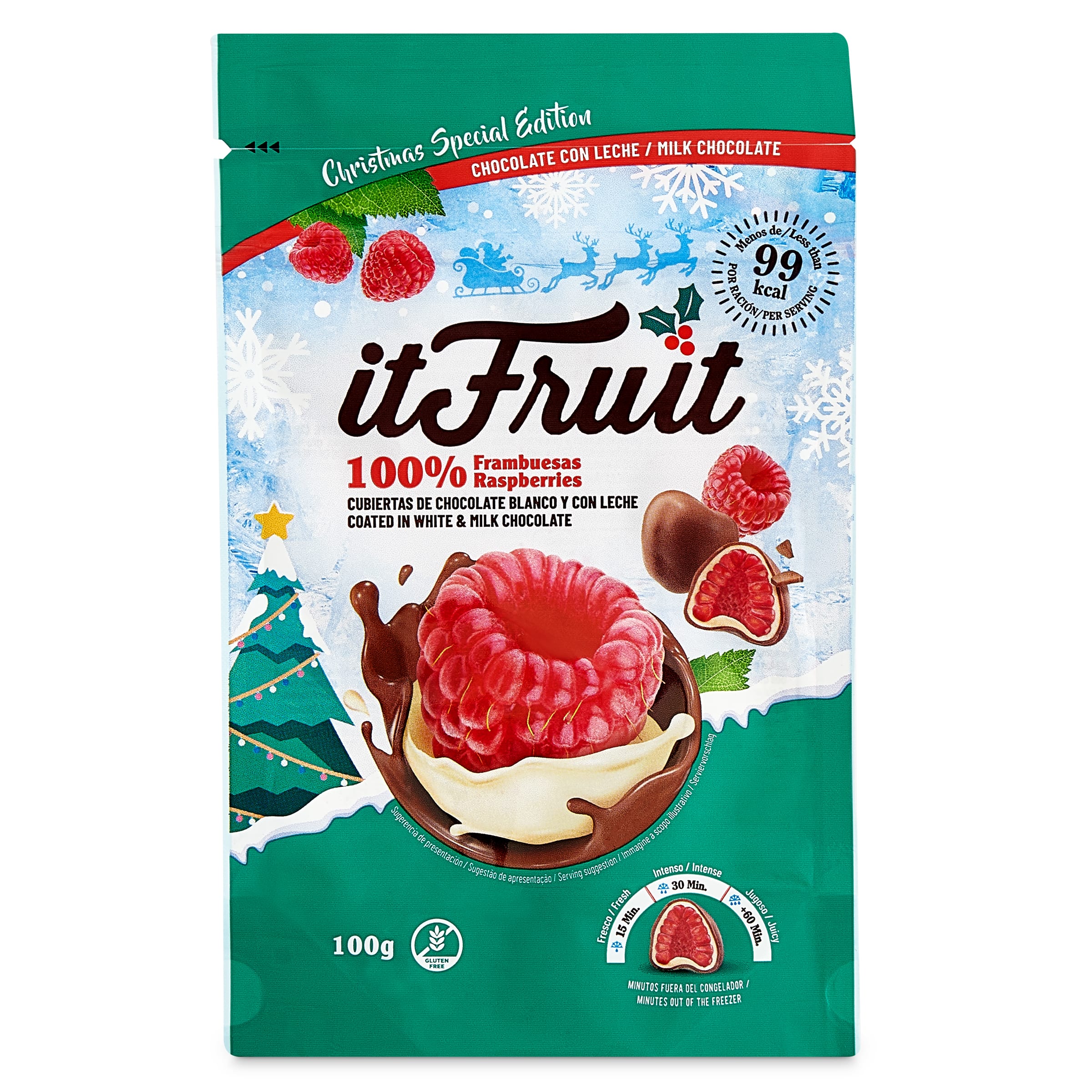 Imagen de Frambuesas cubiertas con chocolate blanco y con leche Itfruit bolsa 100 g