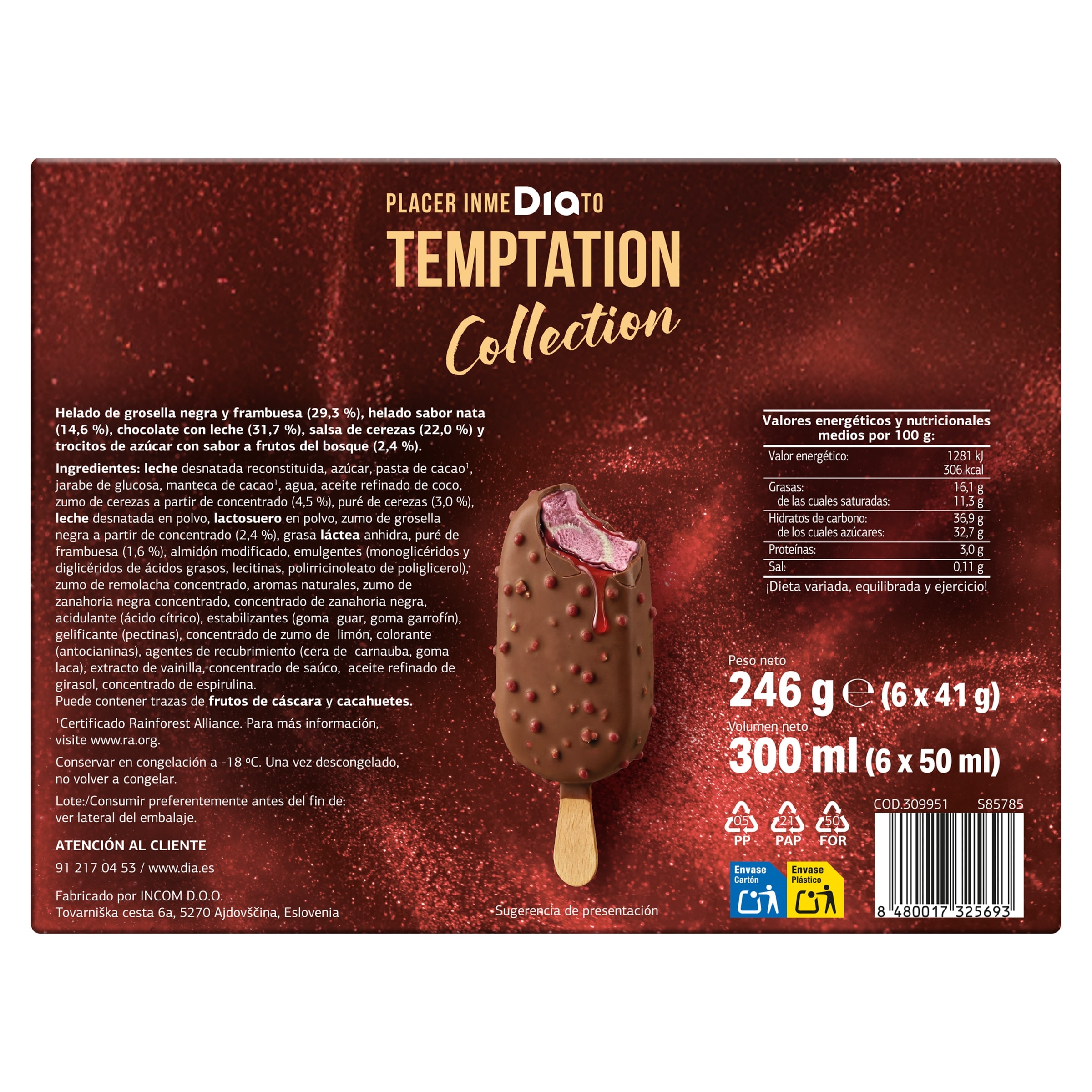 Helado mini bombón doble cherry Dia Temptation 6 x 41 g