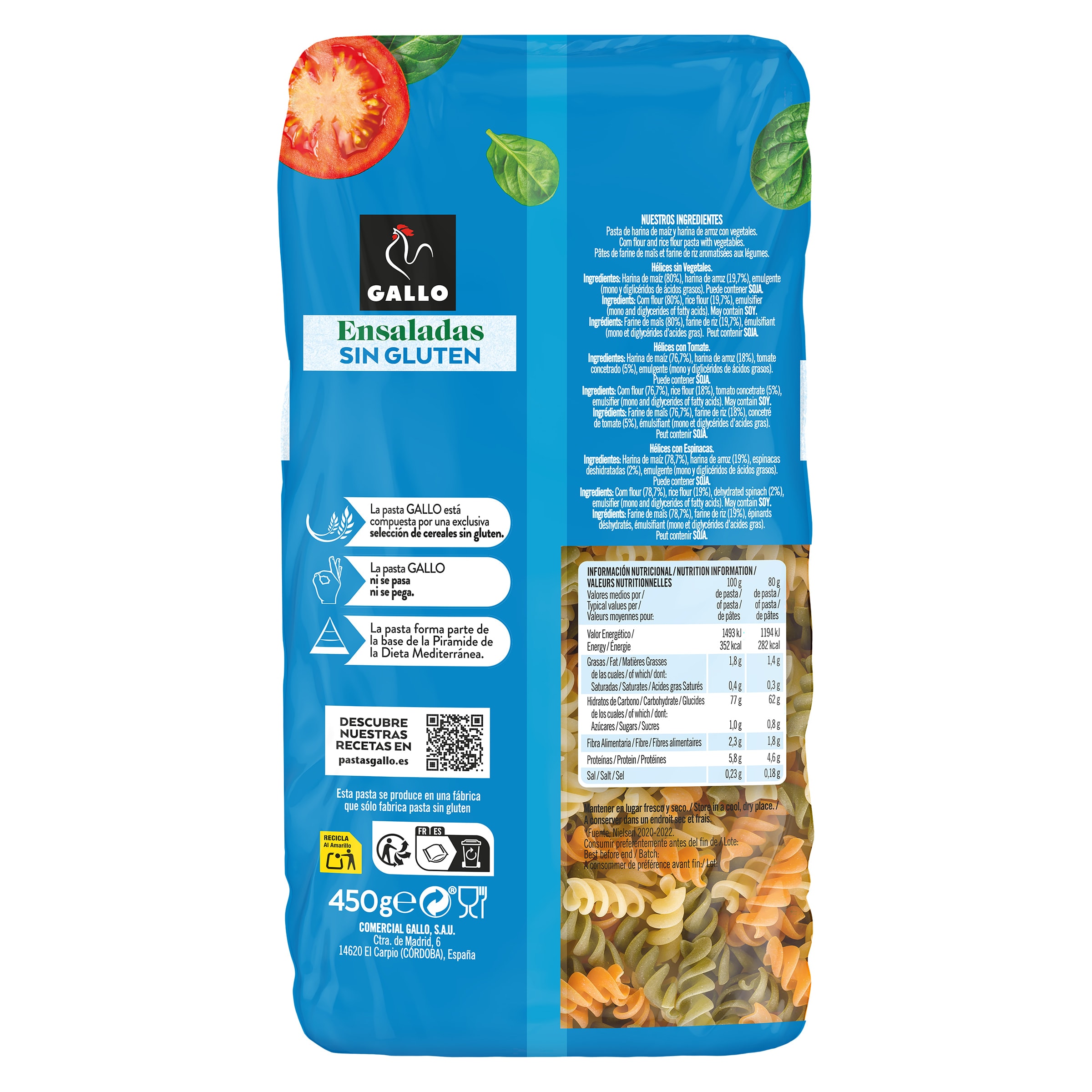 Hélices con tomate y espinacas sin gluten Gallo 450 g