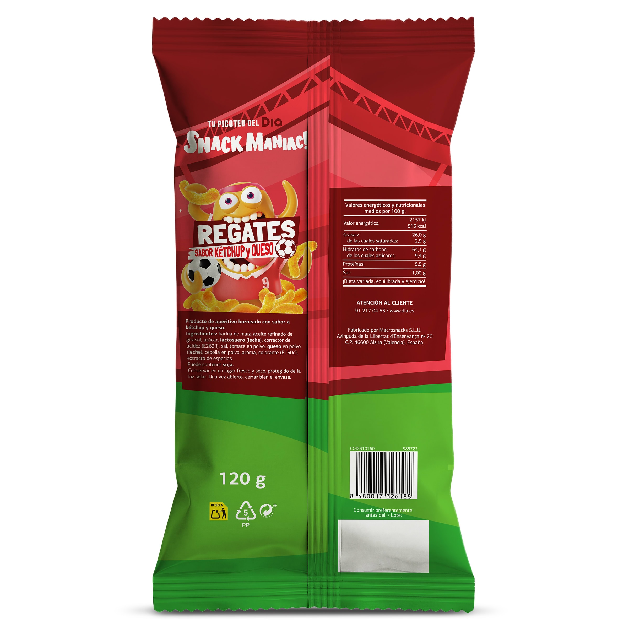 Regates sabor ketchup y queso Dia Snack Maniac 120 g