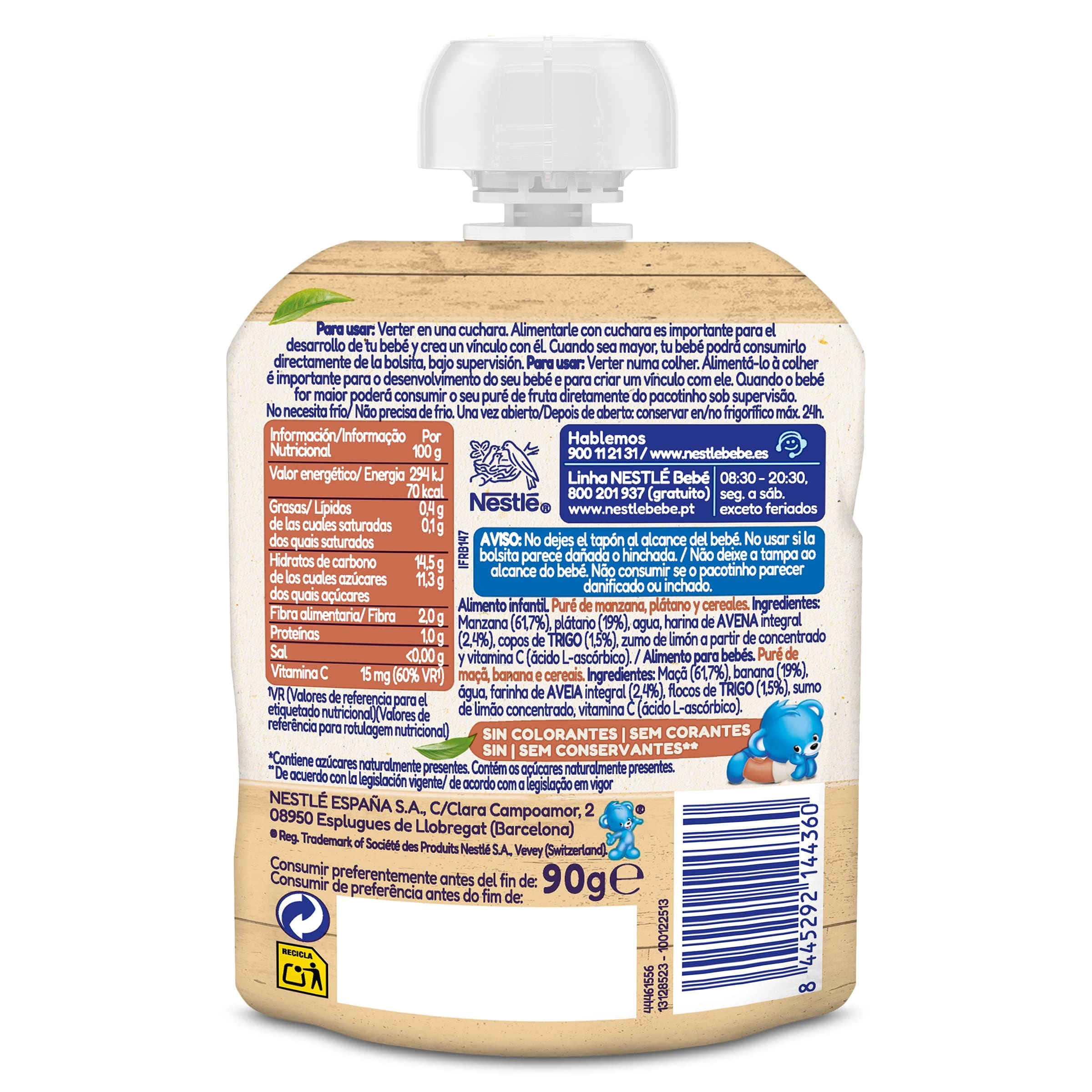 Alimento infantil con puré de manzana, plátano y avena Nestlé 90 g