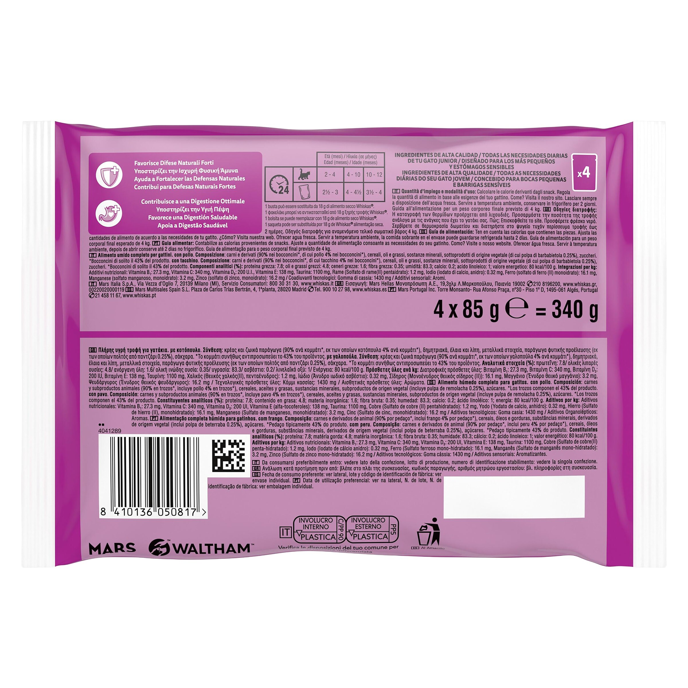 Alimento para gatos junior aves en gelatina Whiskas 4 x 85 g