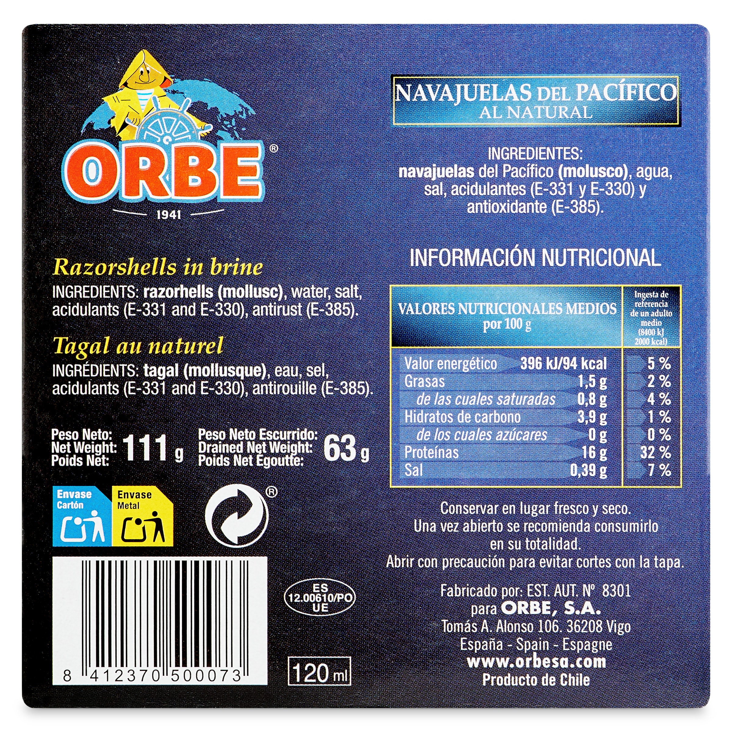 Navajuelas del Pacífico al natural Orbe 63 g