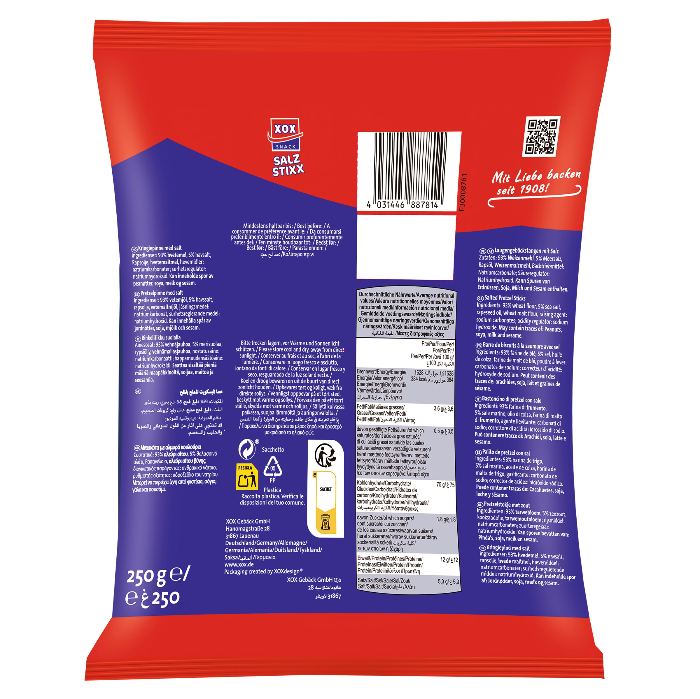Palitos pretzel con sal Xox 250 g