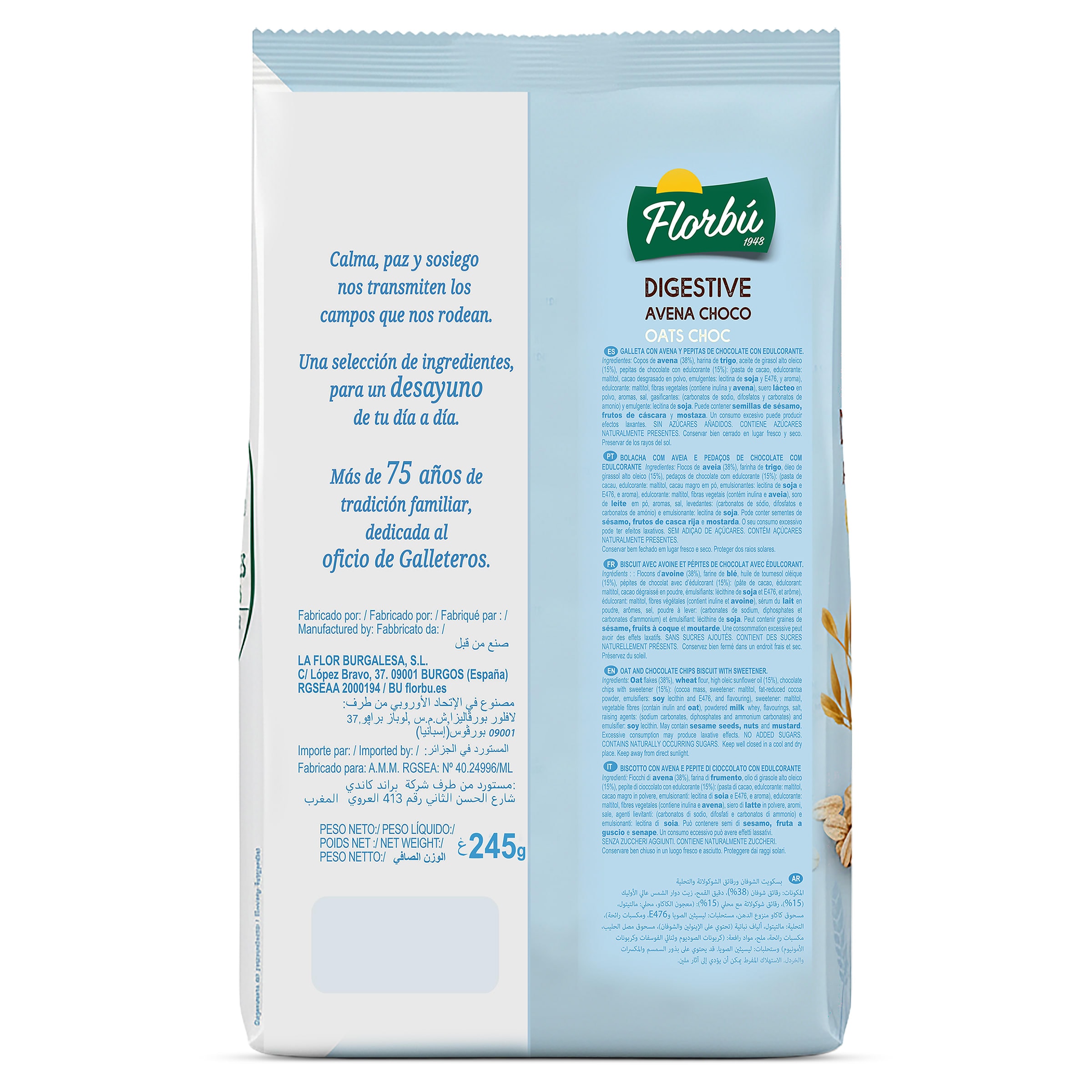 Digestive avena choco 0% azúcares añadidos Florbu 245 g