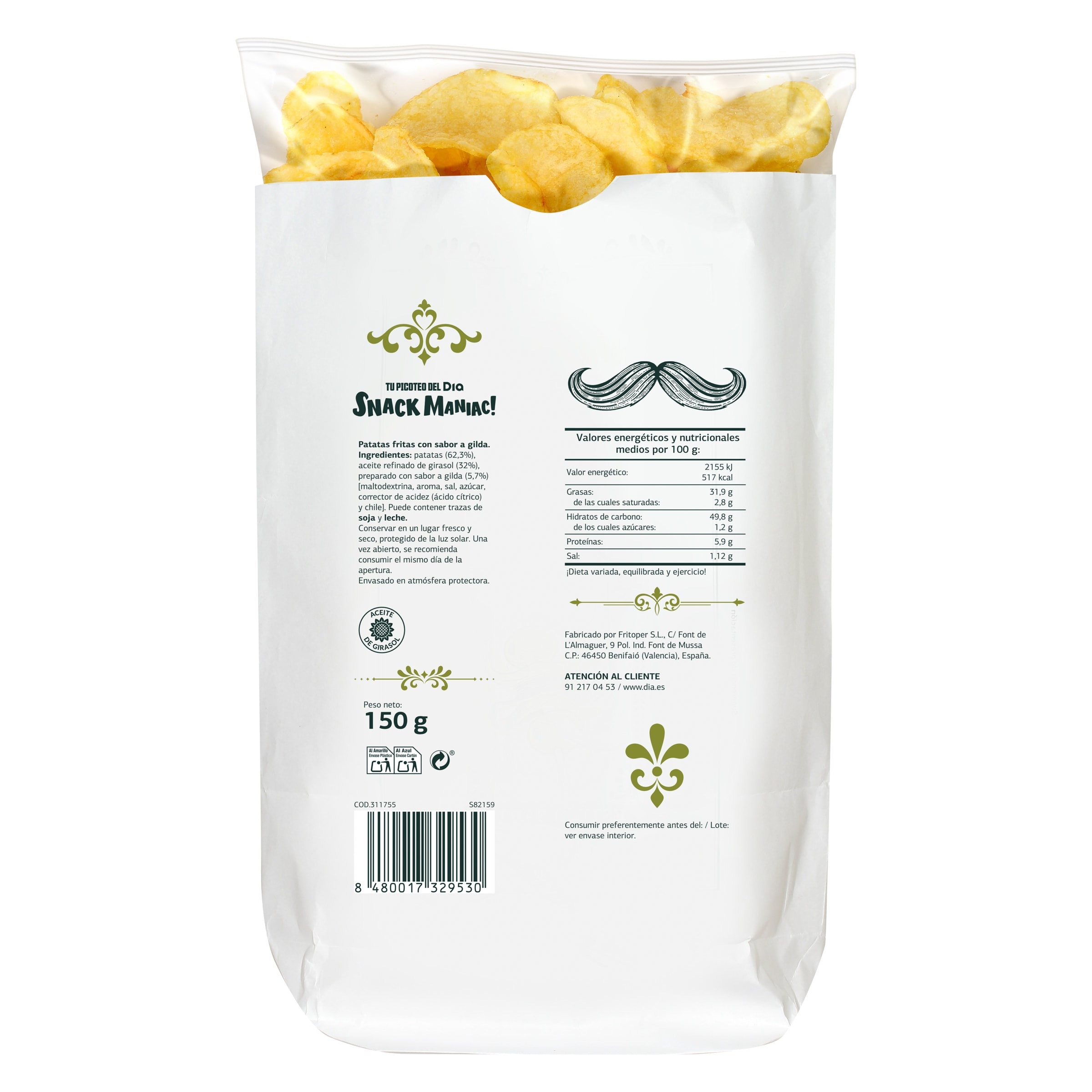 Patatas fritas artesanas sabor gilda Dia Snack Maniac 150 g