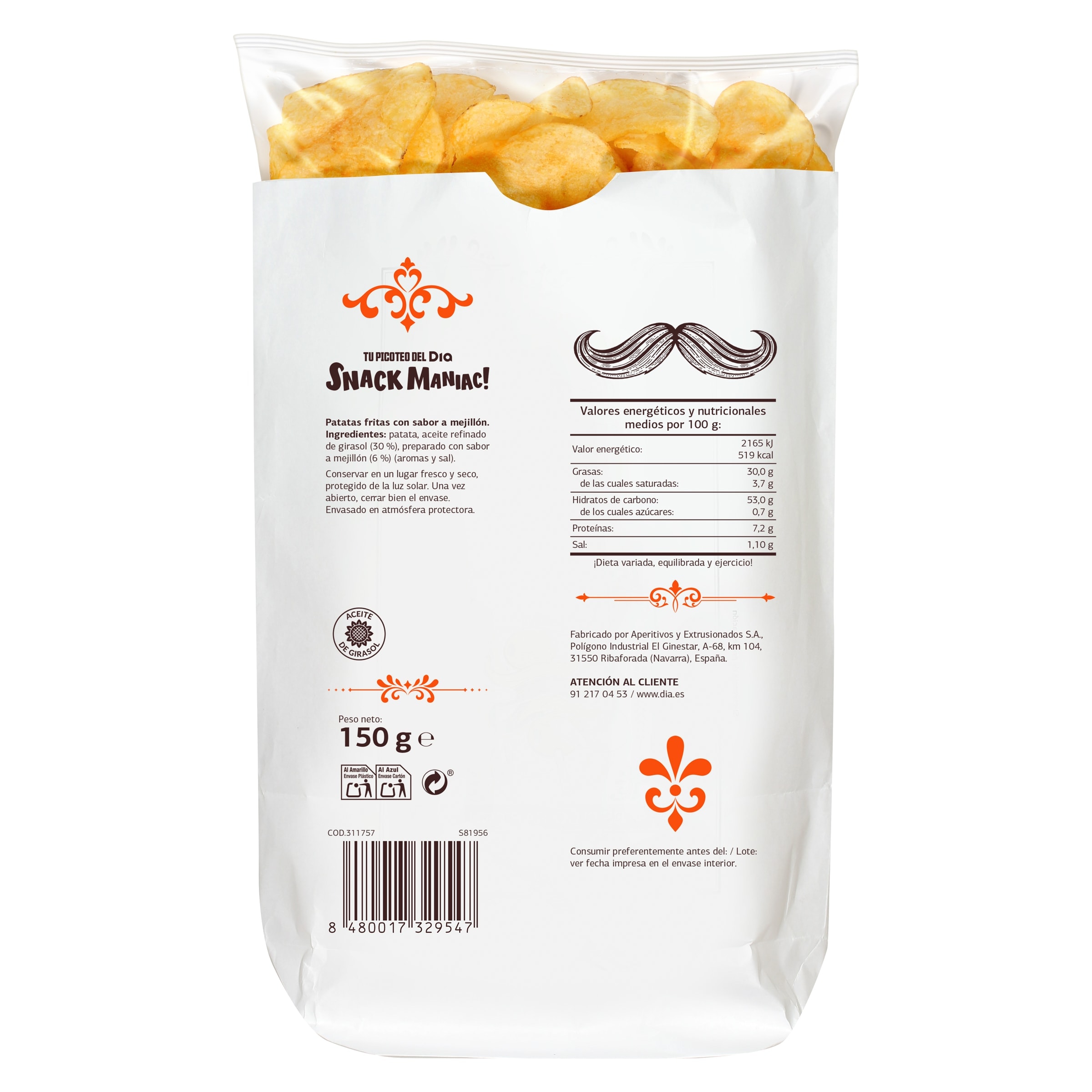 Patatas fritas artesanas sabor mejillón Dia Snack Maniac 150 g