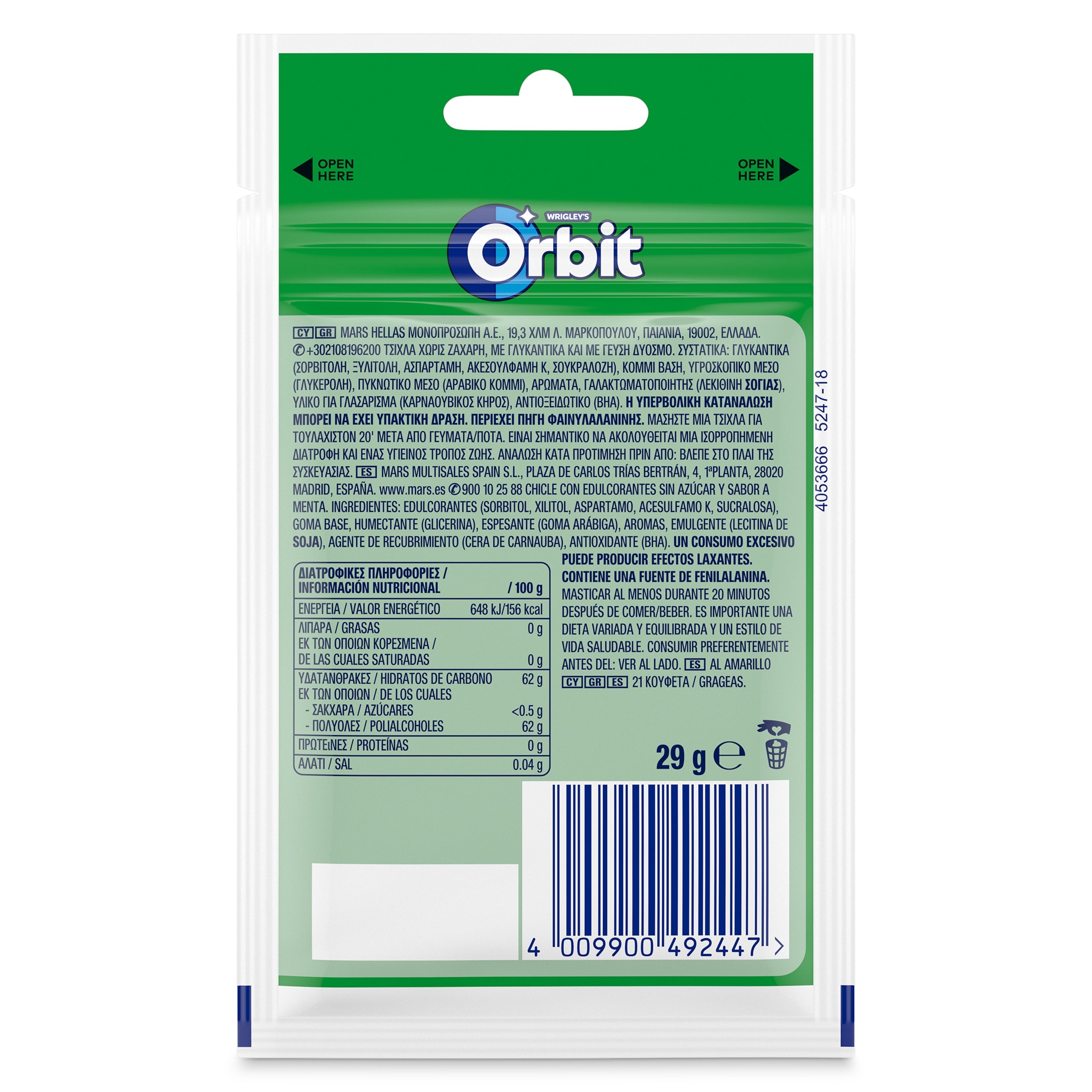 Chicles hierbabuena sin azúcar Orbit 21 unidades
