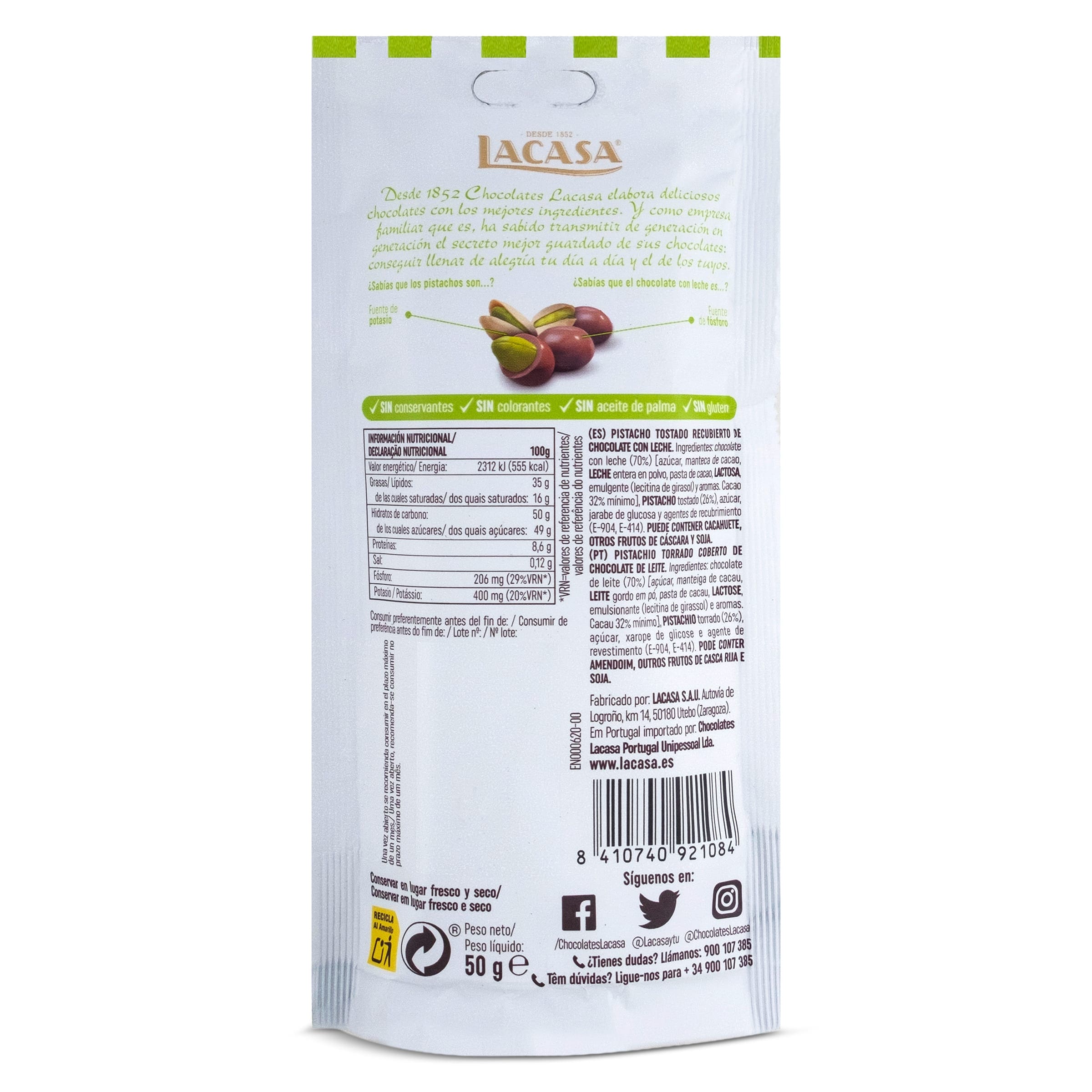 Pistachos con chocolate con leche Lacasa 50 g