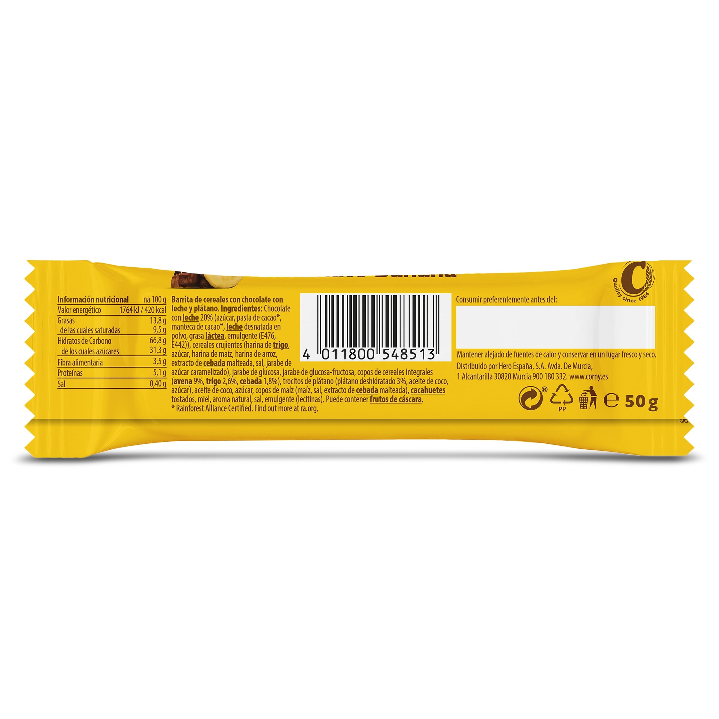 Barrita de cereales chocolate y banana Corny 50 g