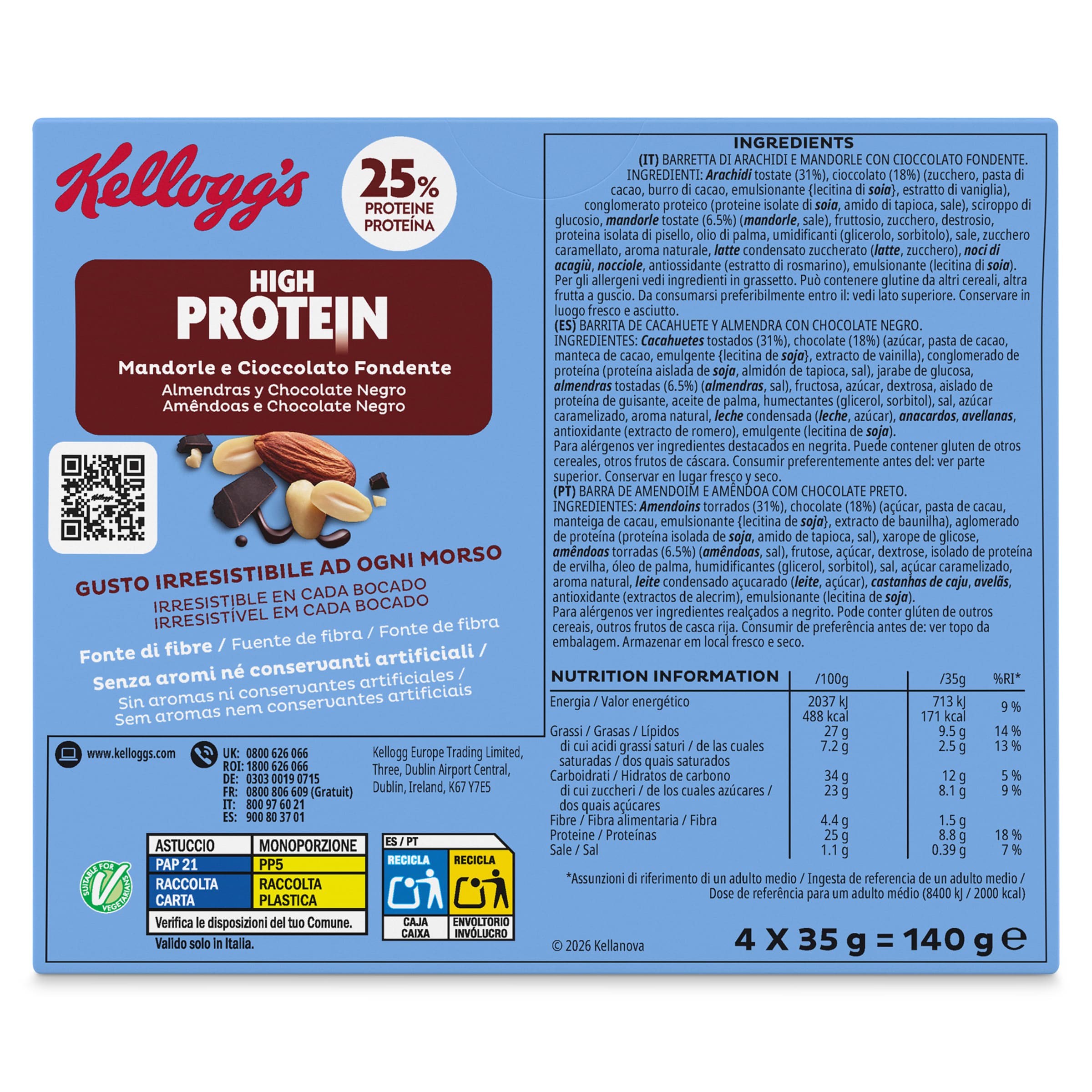 Barritas de chocolate y almendras high protein Kellogg's 140 g