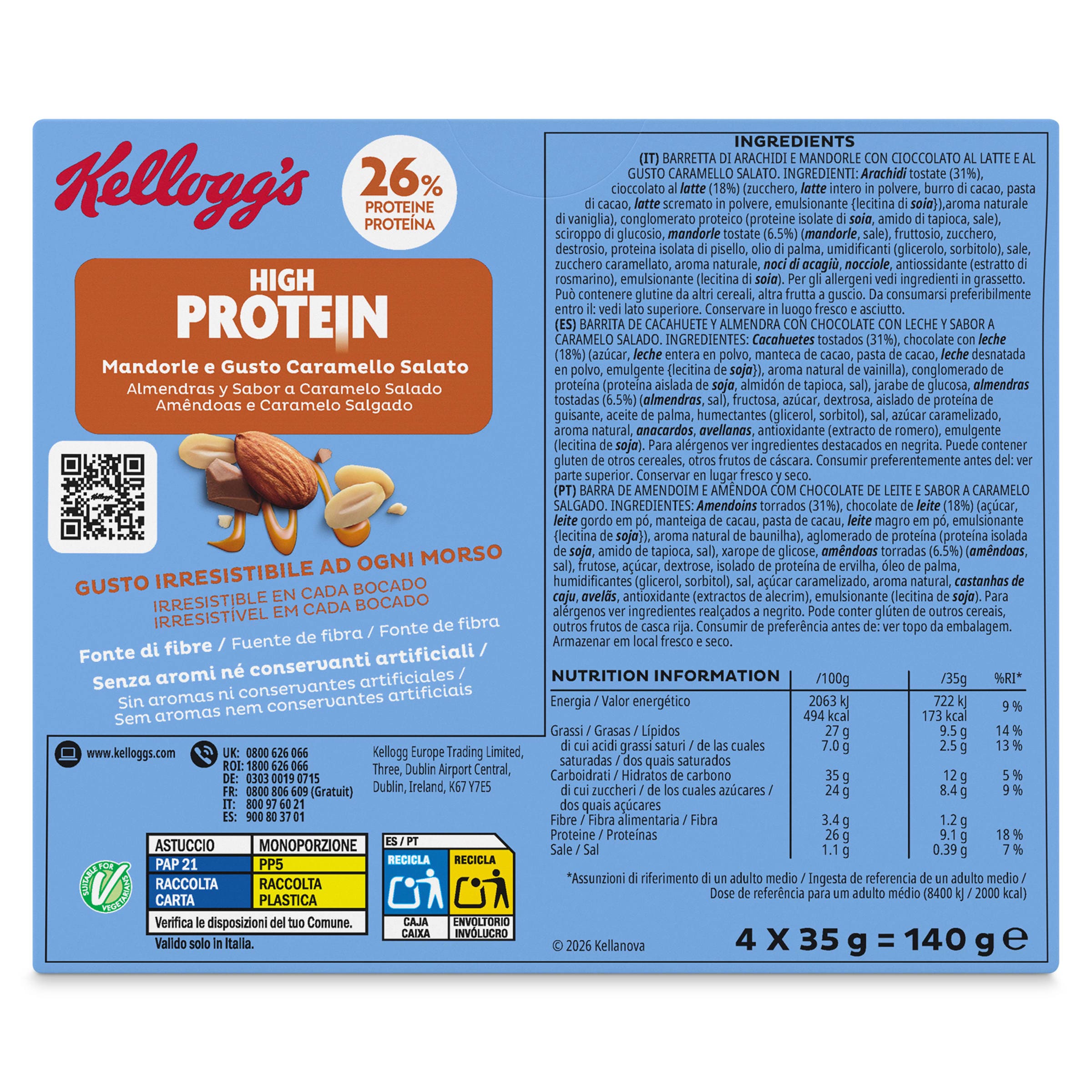 Barritas de almendras y caramelo salado high protein Kellogg's 140 g