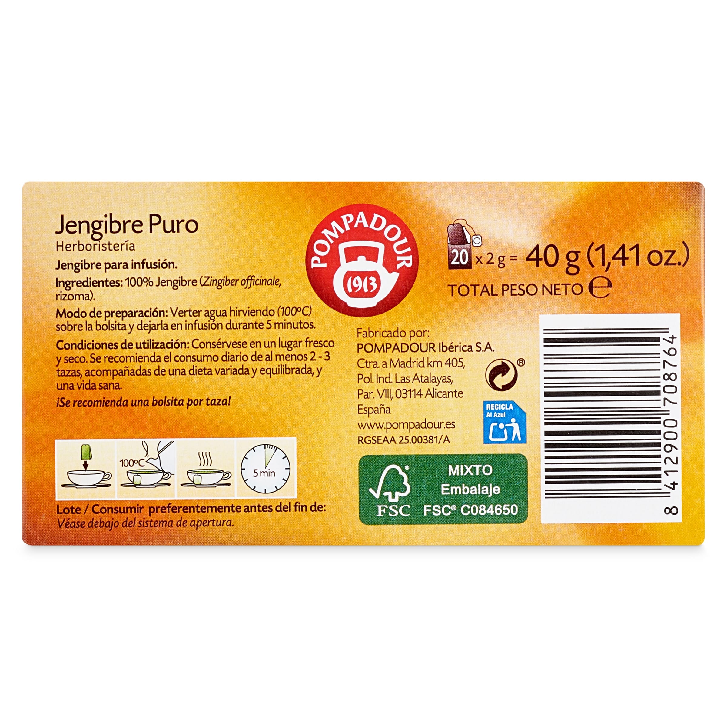 Infusión de jengibre Pompadour 20 unidades