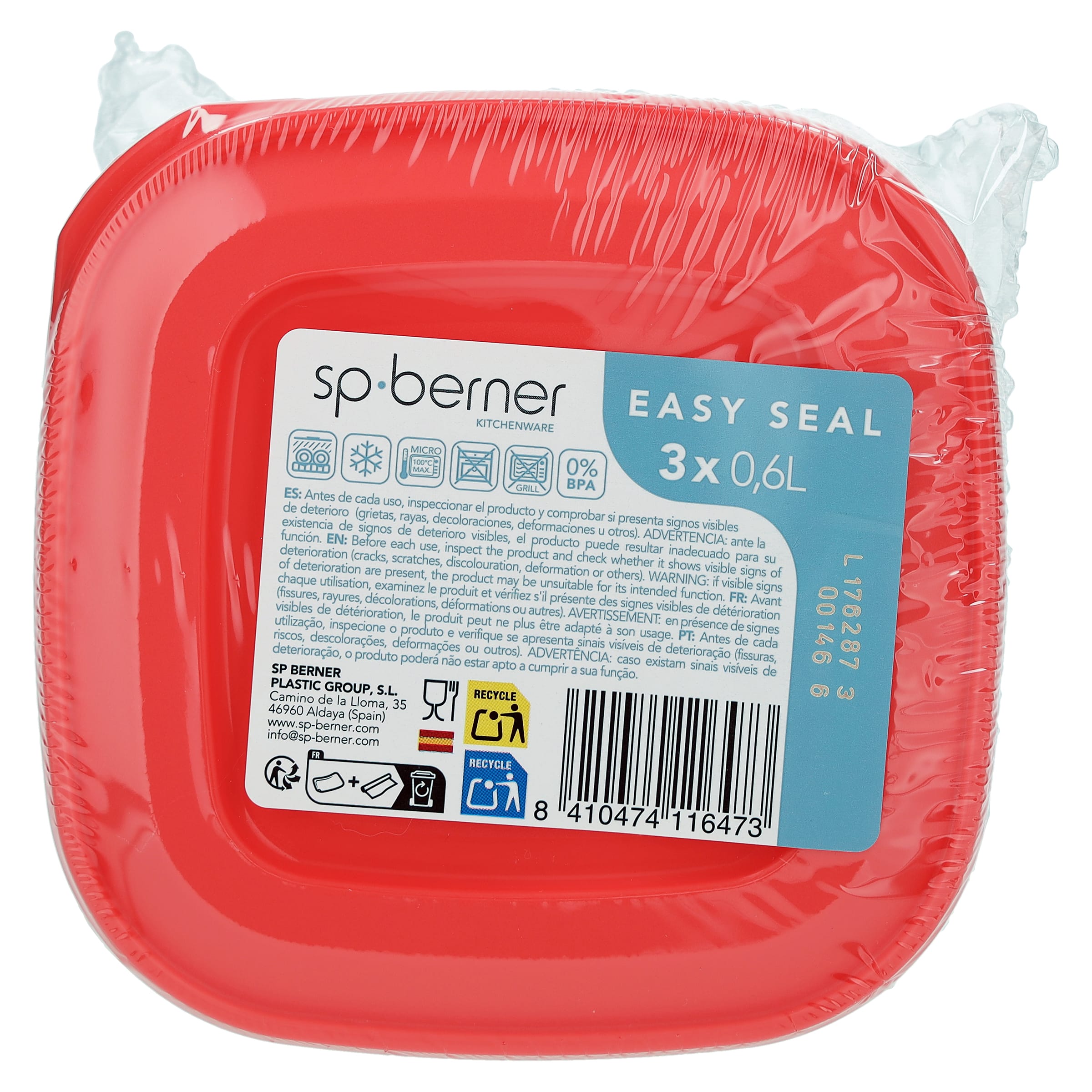 Recipiente de plástico cuadrado 0,6 L Easyseal 3 unidades