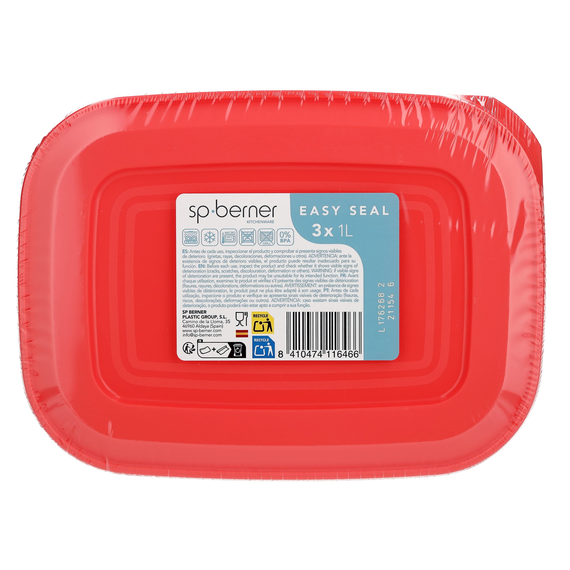 Recipiente de plástico rectangular 1 L Easyseal 3 unidades