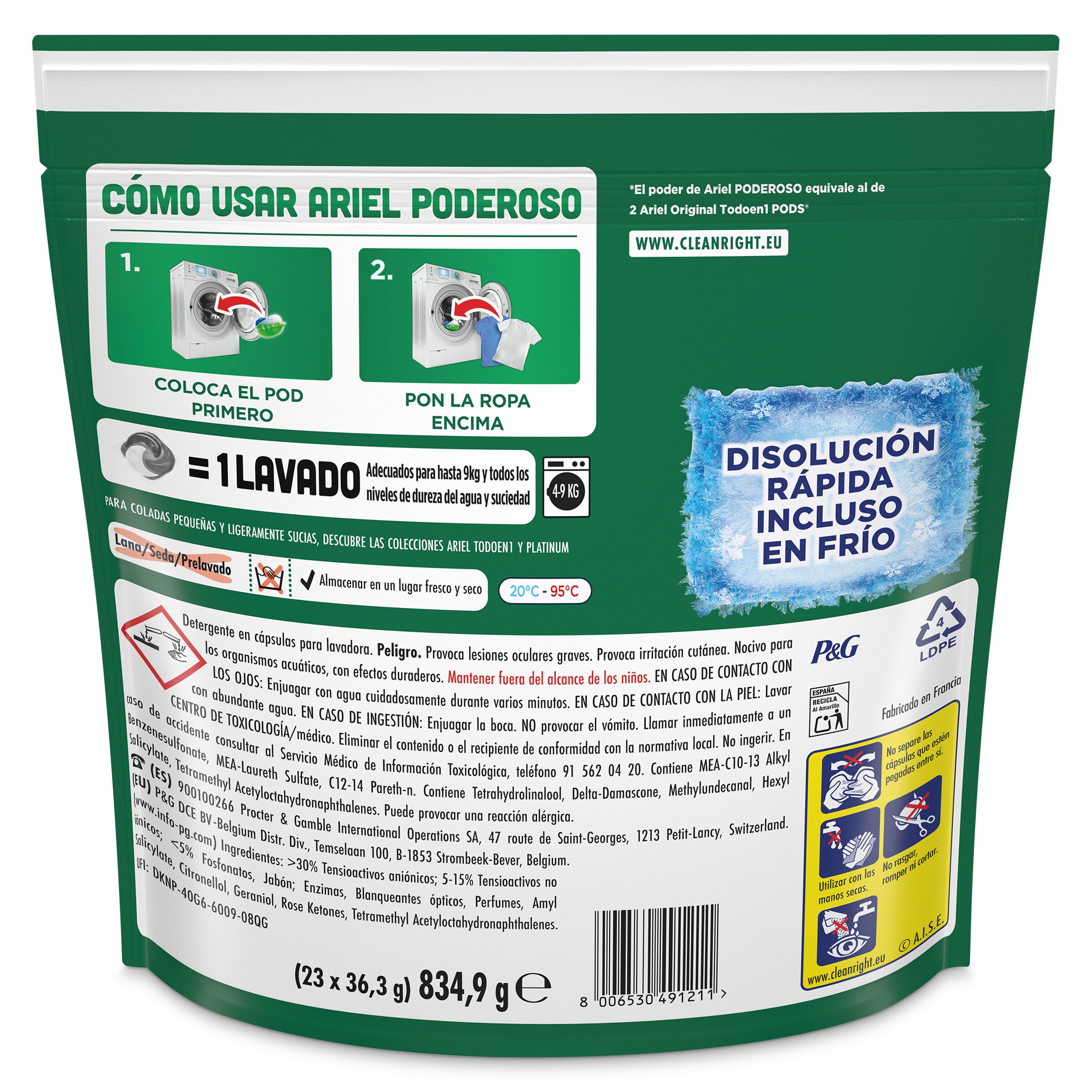 Detergente en cápsulas poderoso Ariel caja 23 lavados