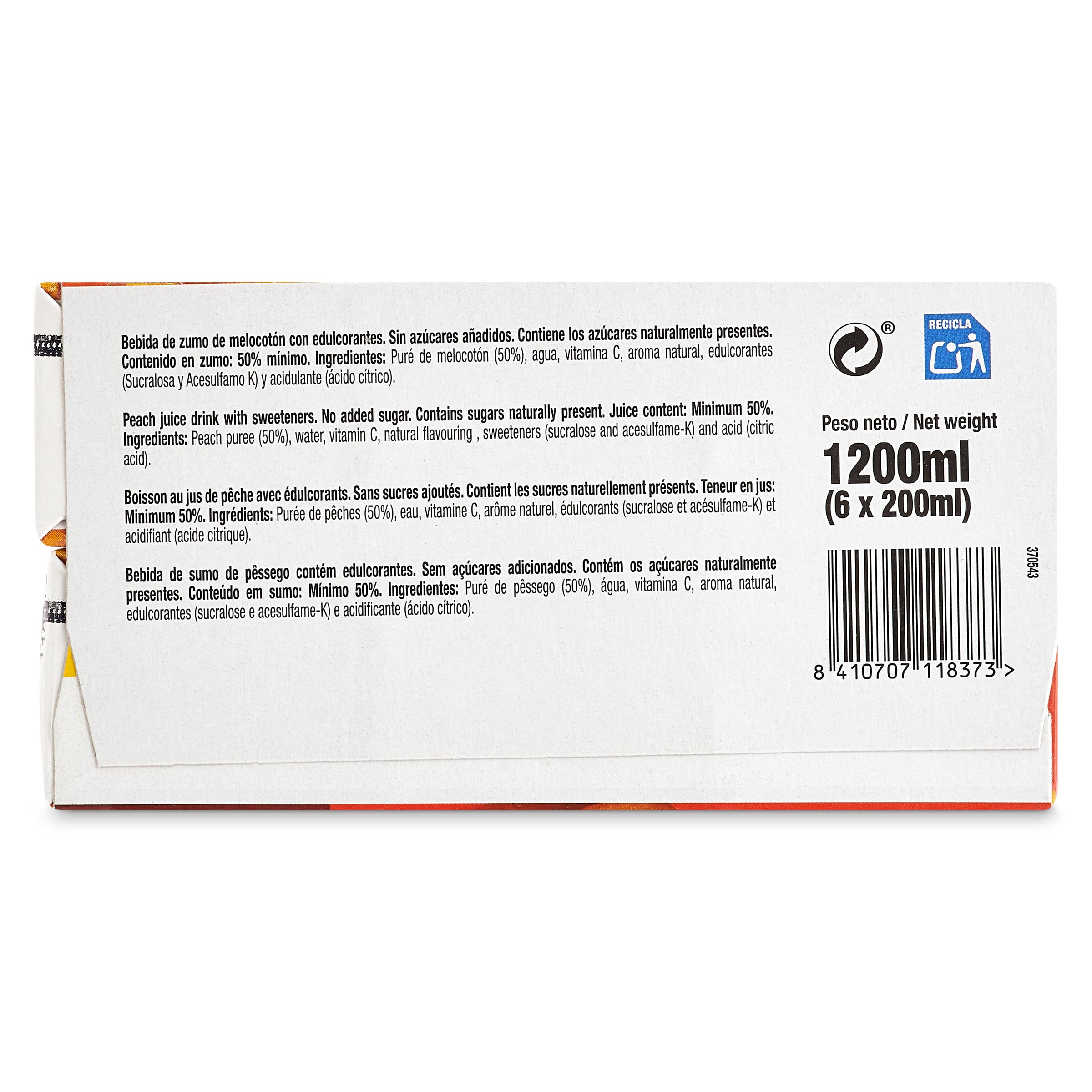 Bebida de zumo de melocotón sin azúcares añadidos Juver pack 6 x 200 ml