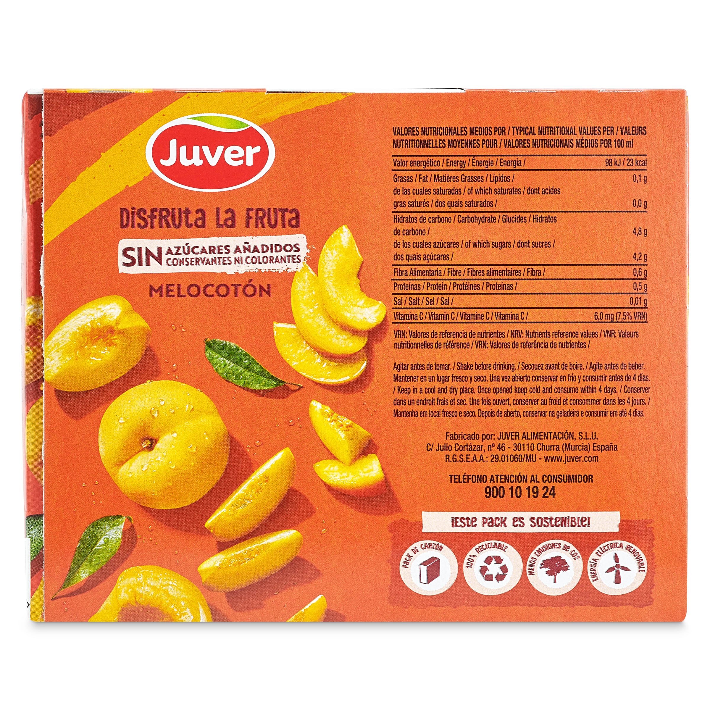 Bebida de zumo de melocotón sin azúcares añadidos Juver pack 6 x 200 ml
