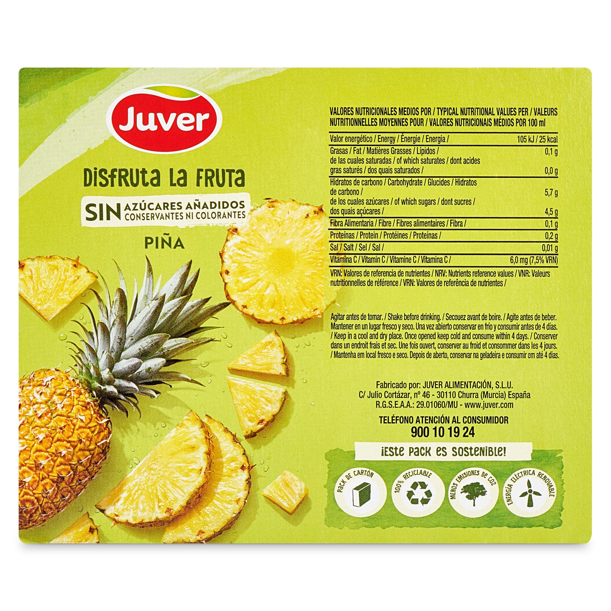 Bebida de zumo piña sin azúcares añadidos Juver Disfruta pack 6 x 200 ml