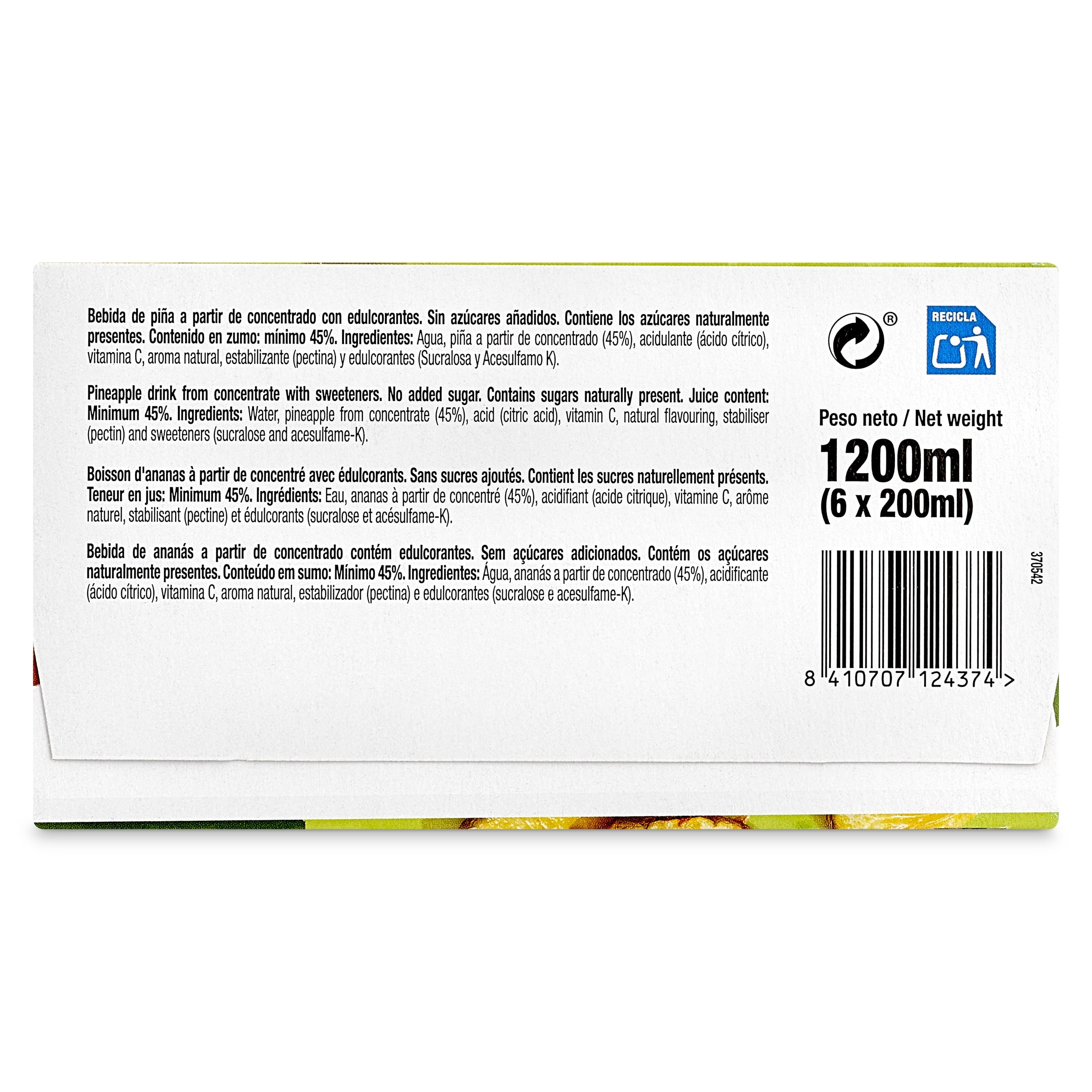Bebida de zumo piña sin azúcares añadidos Juver Disfruta pack 6 x 200 ml