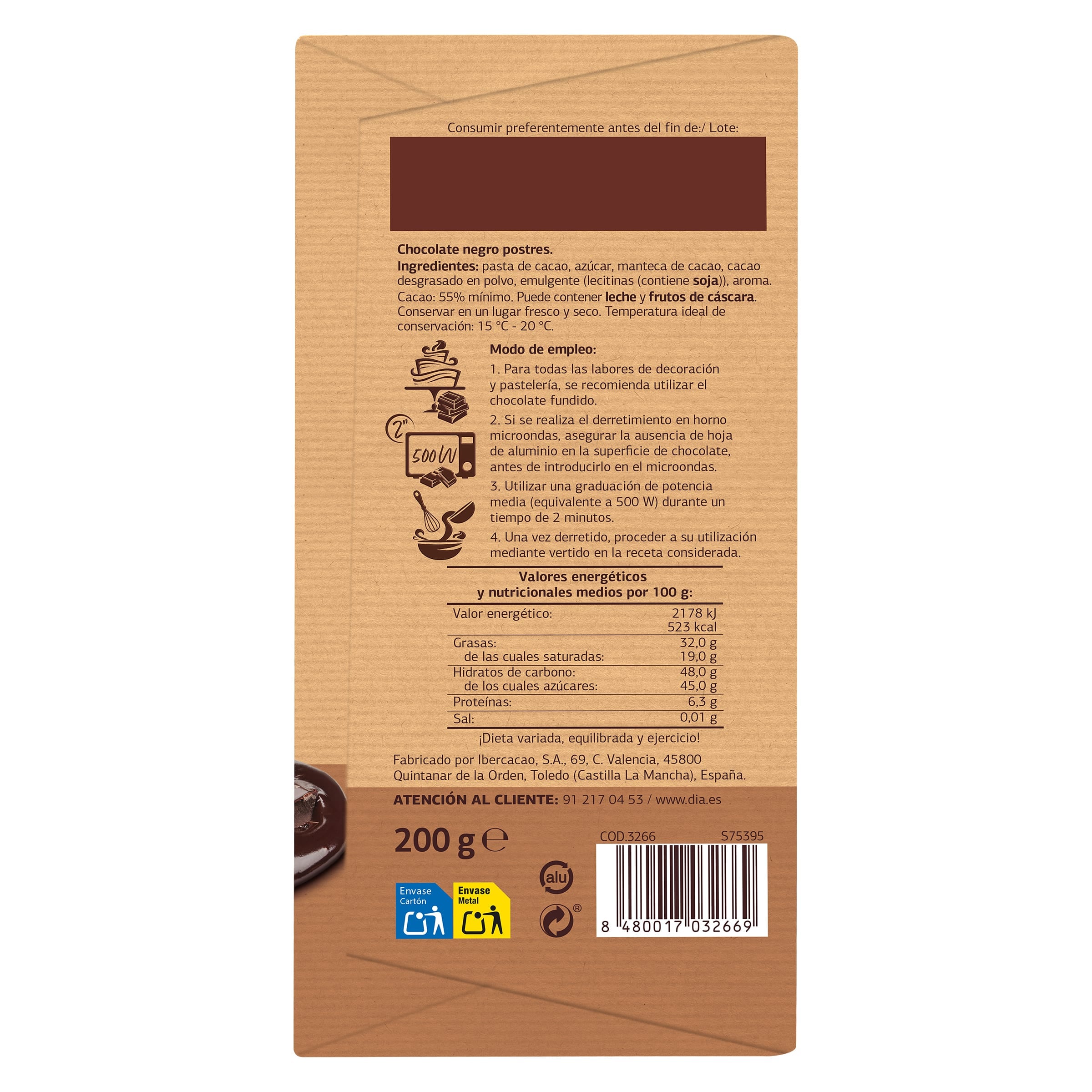 Chocolate negro 55% cacao para postres Dia Temptation 200 g