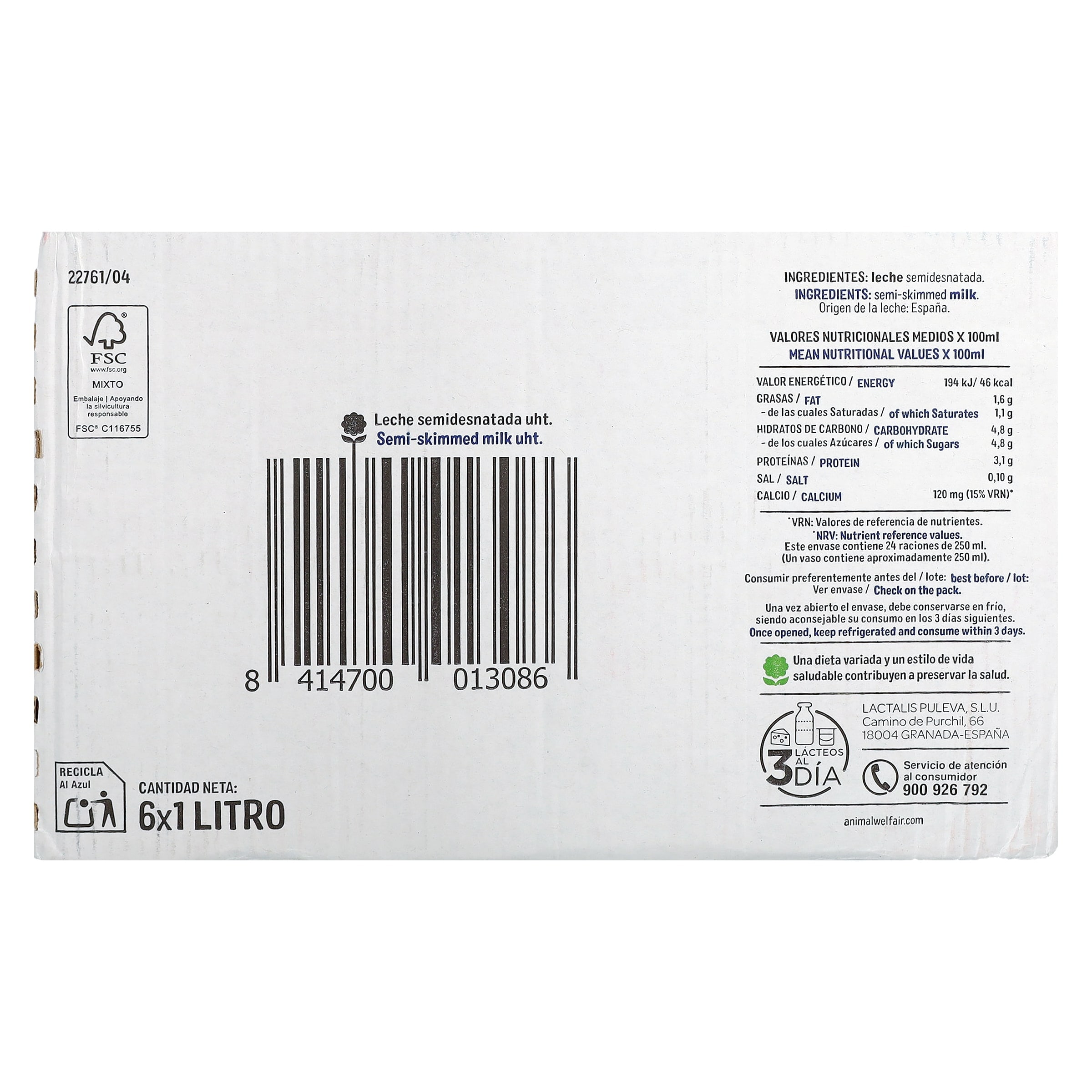 Leche semidesnatada Lauki pack 6 x 1 L