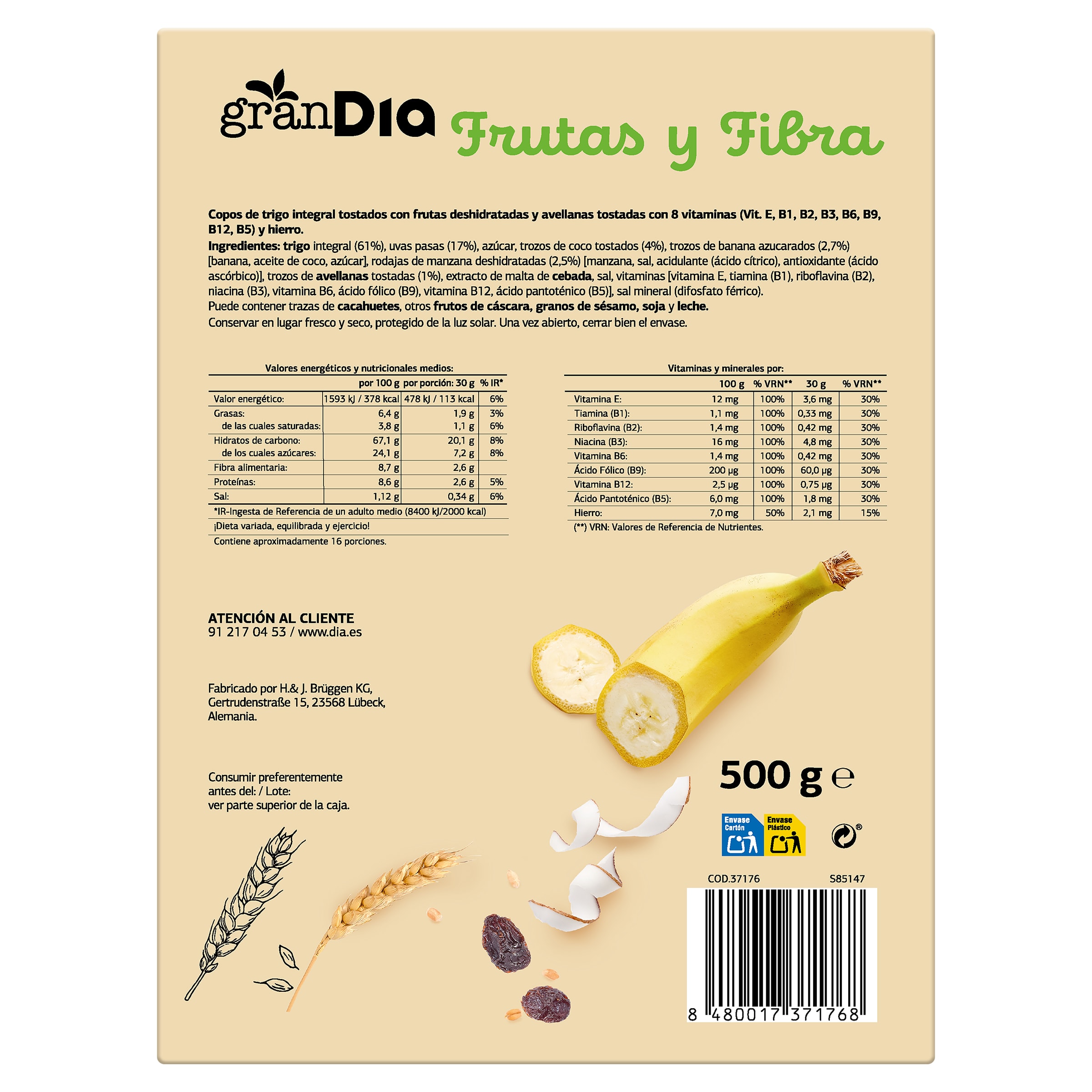 Cereales copos de trigo con fruta y fibra Gran Dia 500 g