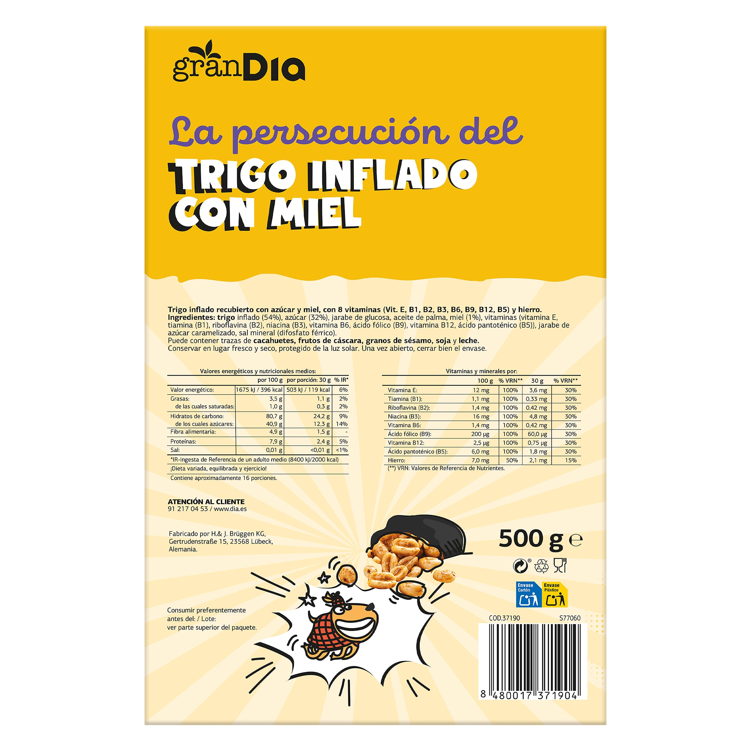 Cereales de trigo inflado con miel Gran Dia 500 g