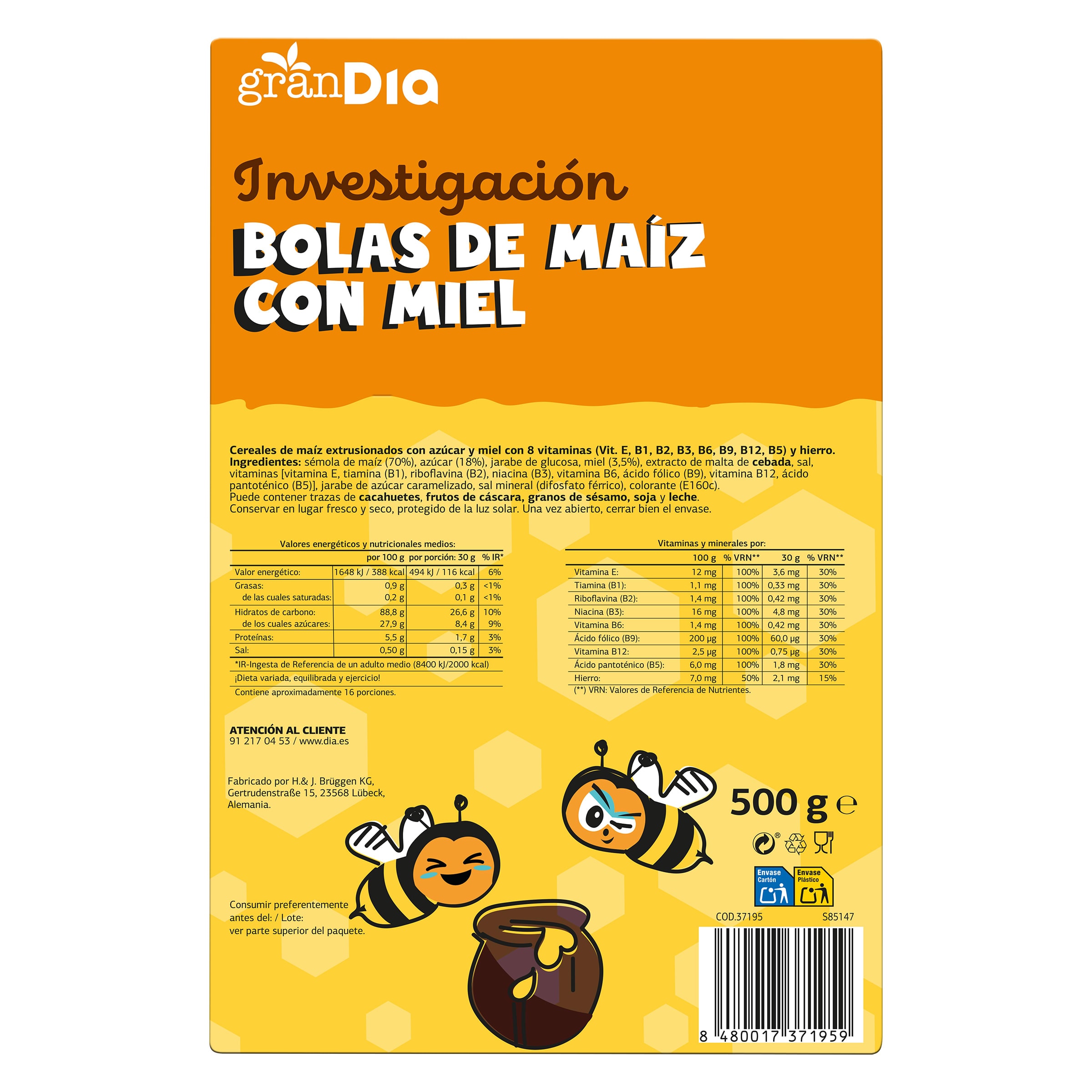 Cereales de bolas de maíz con miel Gran Dia 500 g